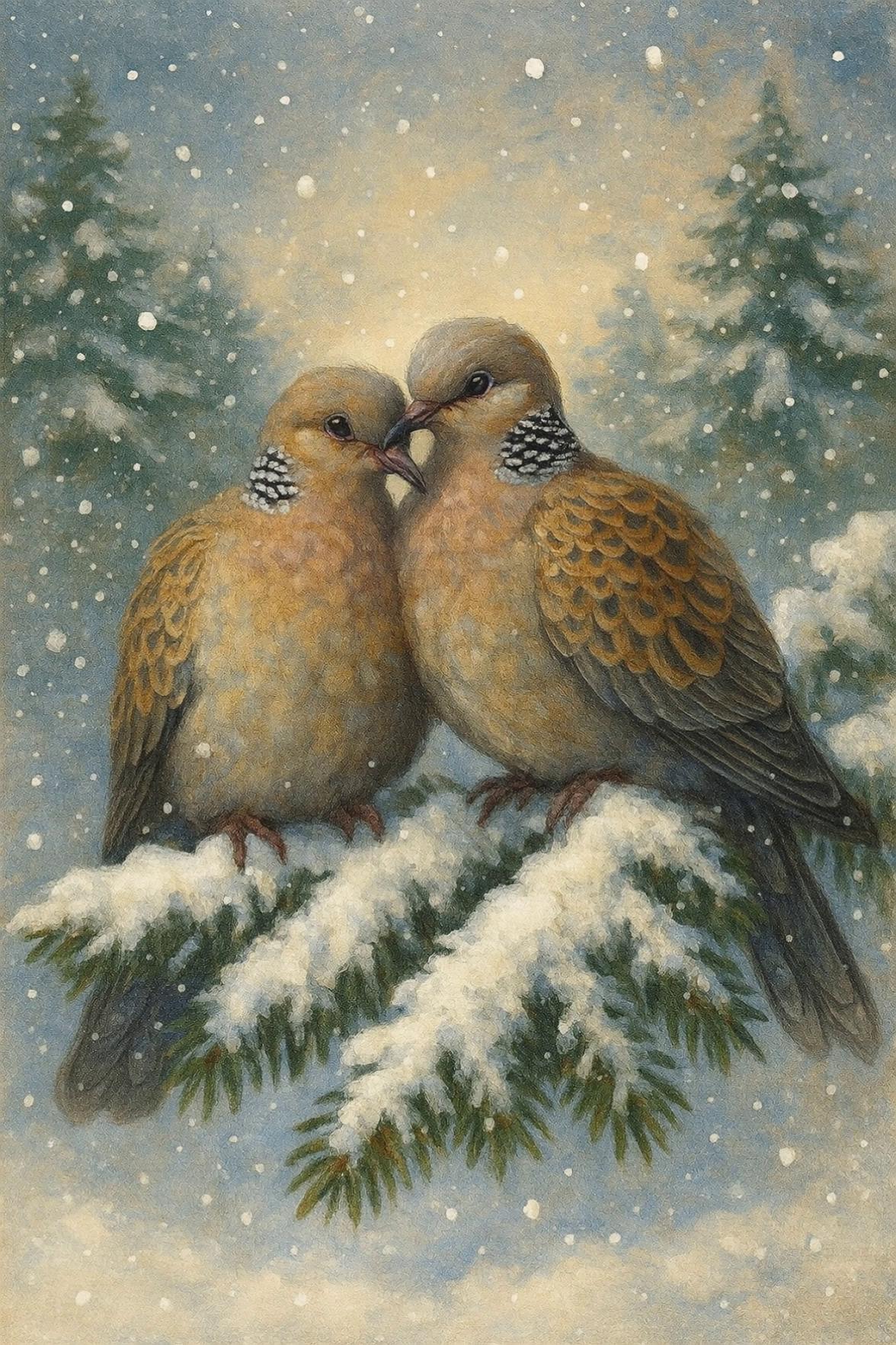 Prompt: Have the snow fall as the turtle doves nestle