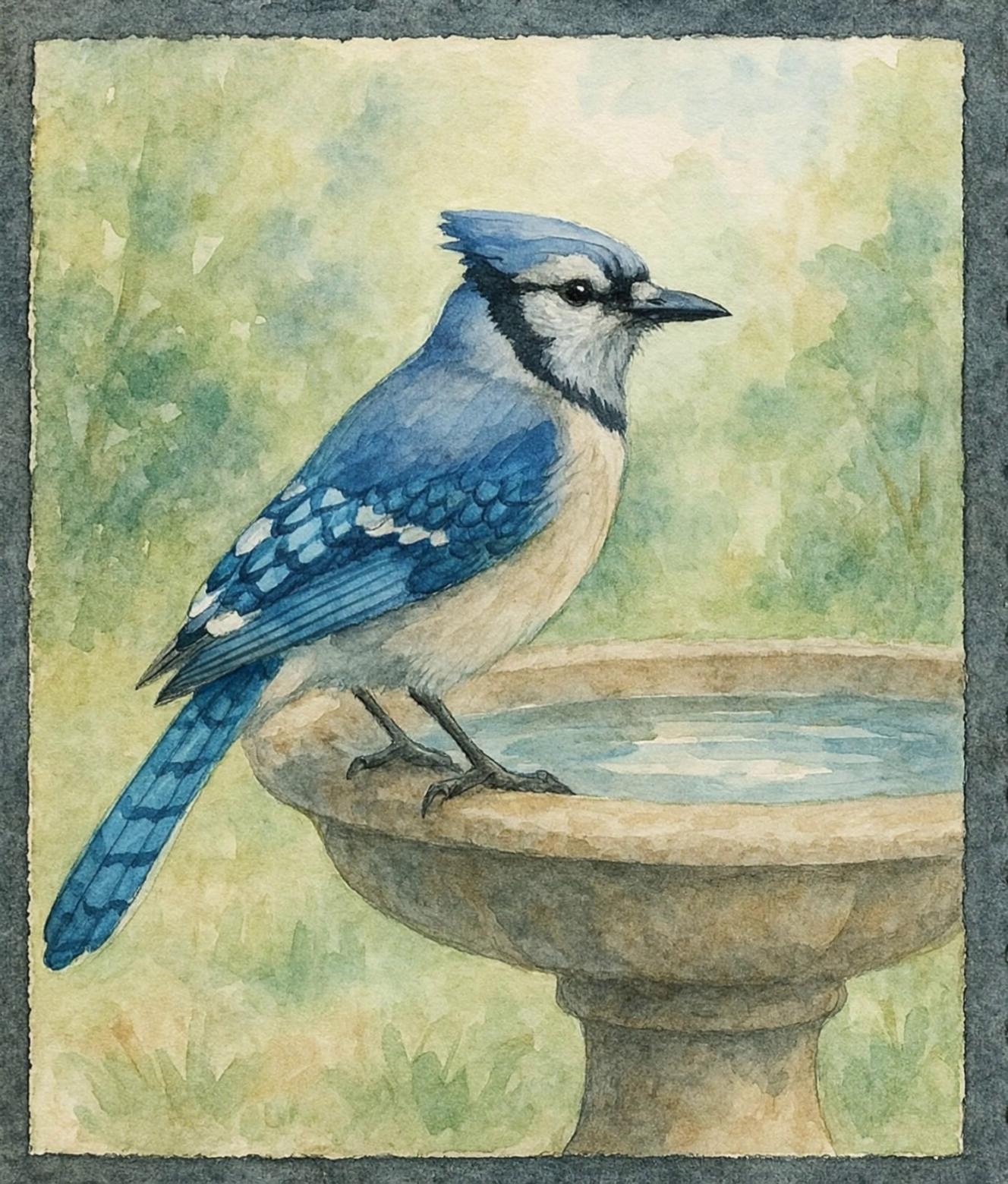 Prompt: Have the bird take a bath in the bird bath