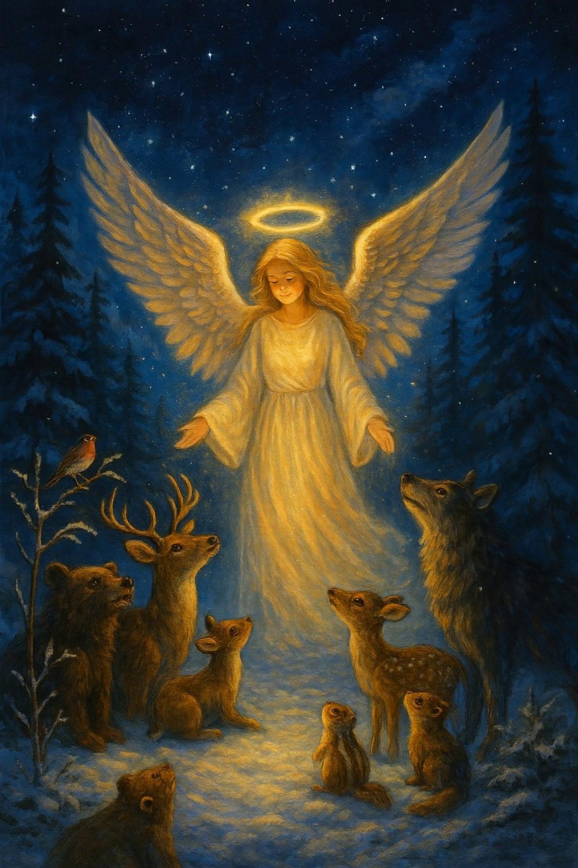 Prompt: The angel ascend down  to the animals as they look in awe of the beautiful angel.