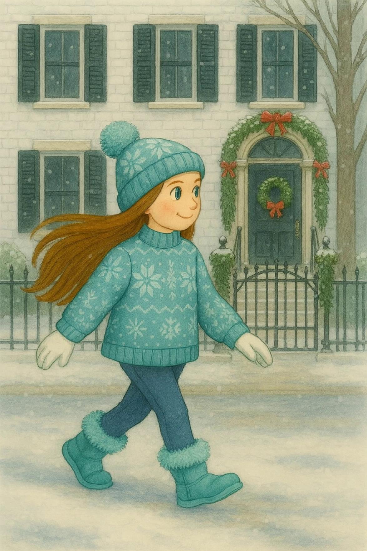 Prompt: Have her walk to the park near the evergreen trees a a dog runs by