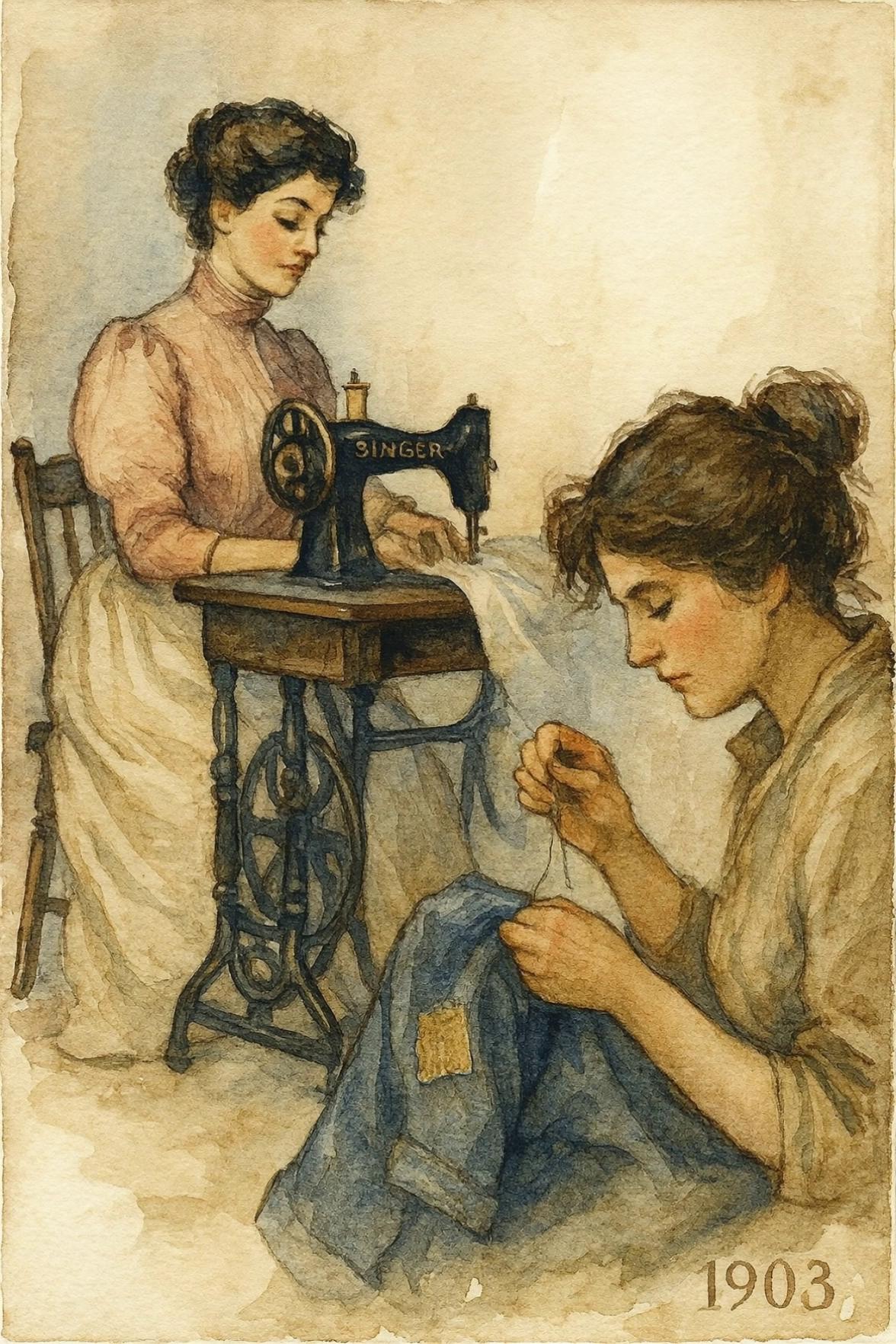 Prompt: Have one sew by hand and the other sew by the sewing machine
