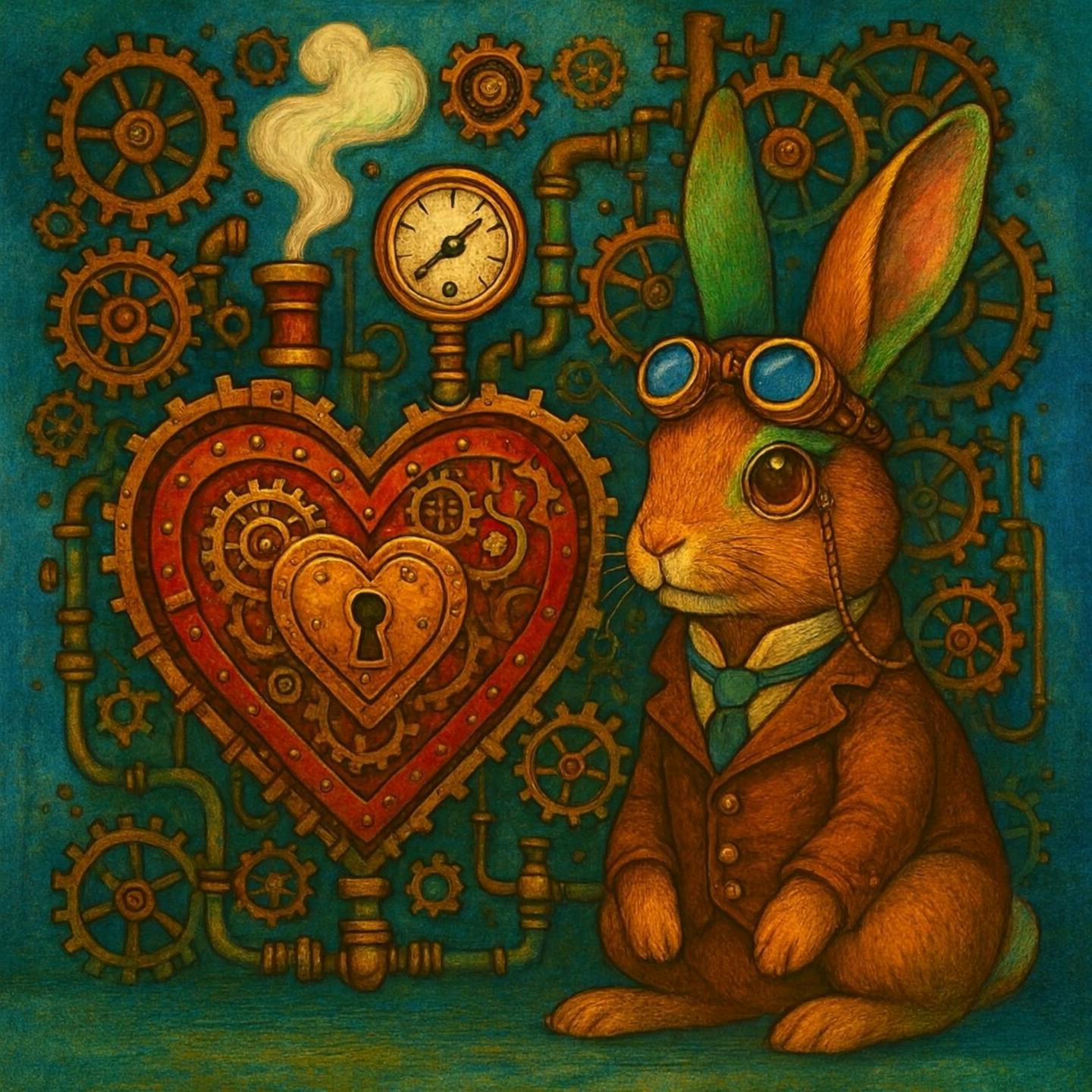 Prompt: Have the steam billow and the bunny take a key and place it in the heart and turn the key.