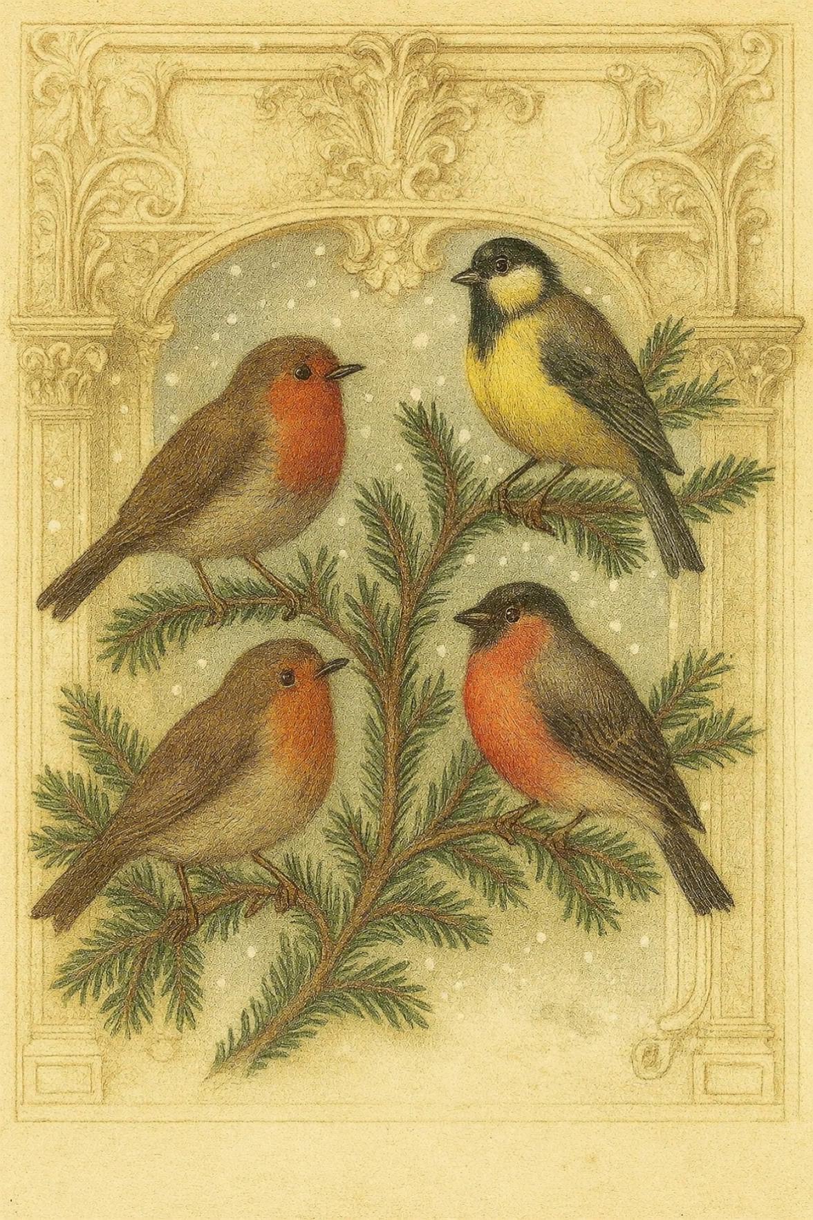 Prompt: Have the 4 calling birds flap wings as the snow falls