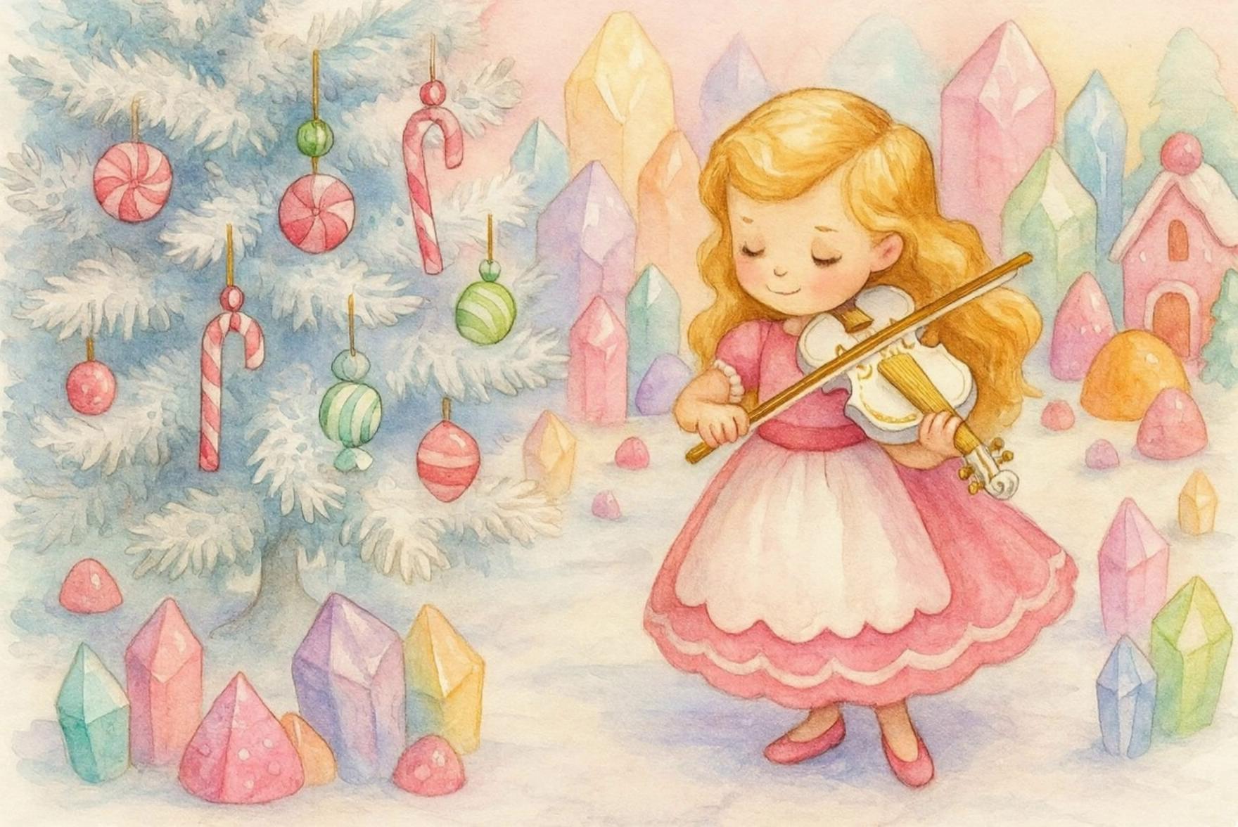 Prompt: Have her play the violen as the crystal candy sparkles and glitens.