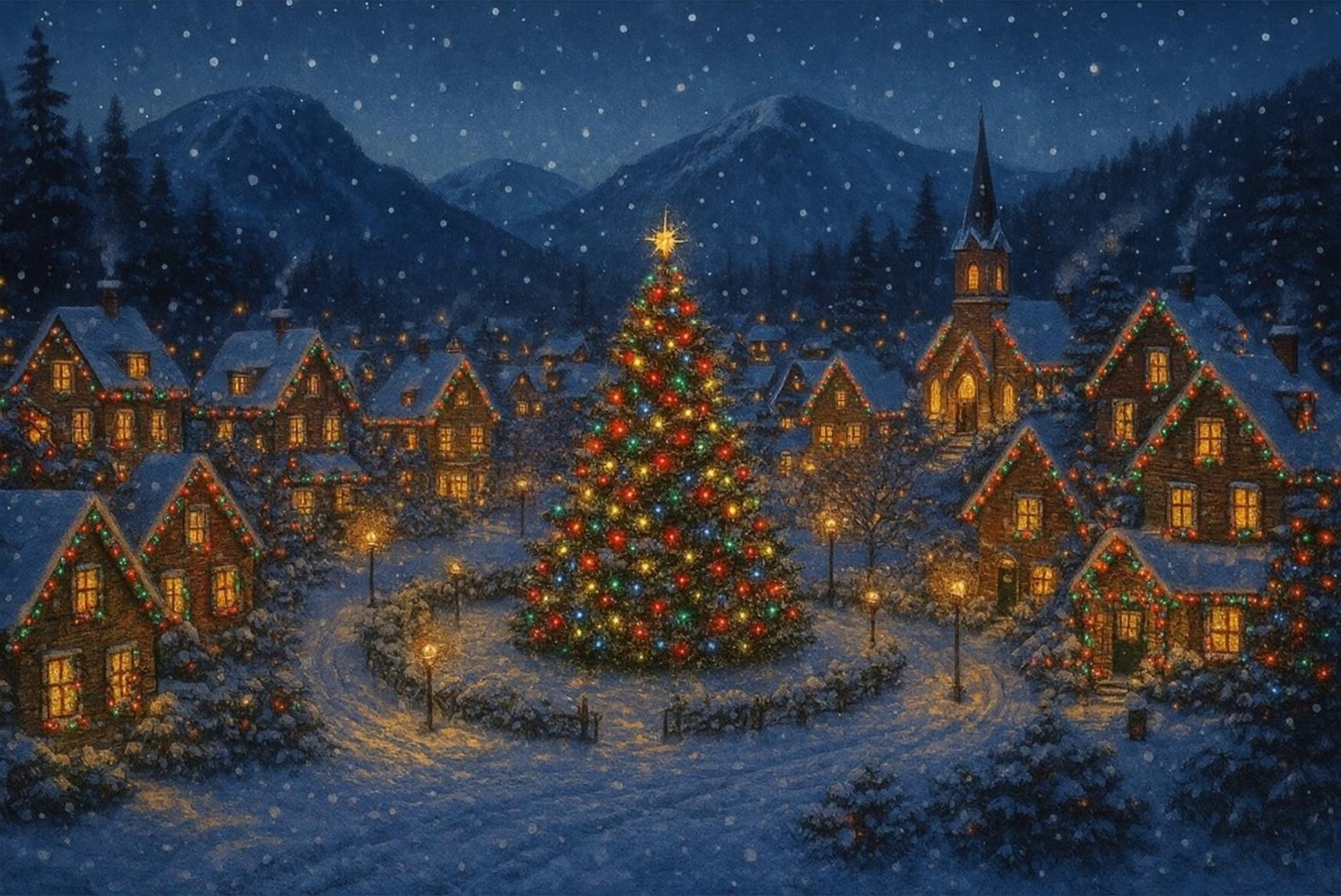 Prompt: Have the snow fall and the lights glistening and sparkle