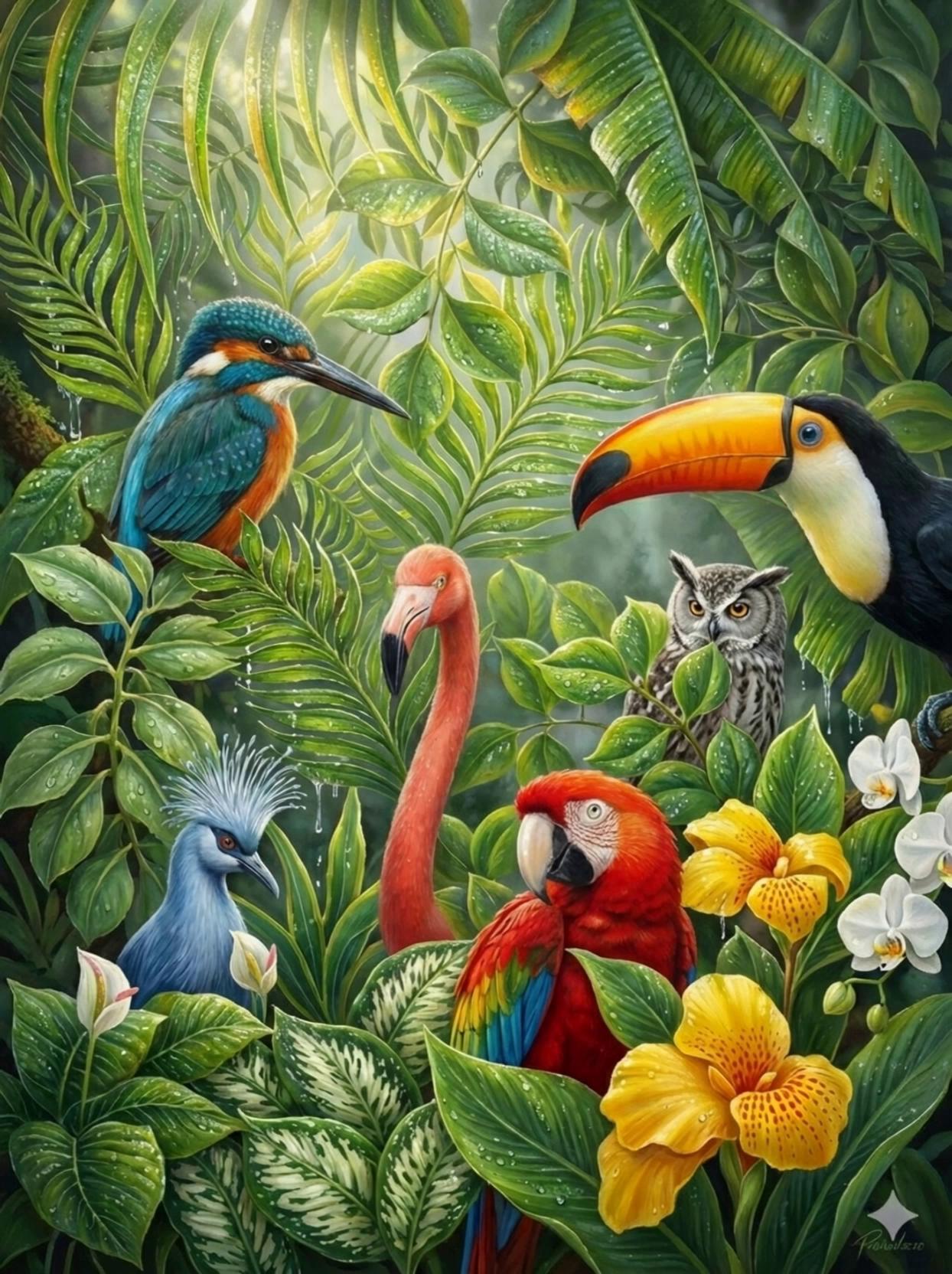 Prompt: Make the birds move their heads around and the plants sway slightly 