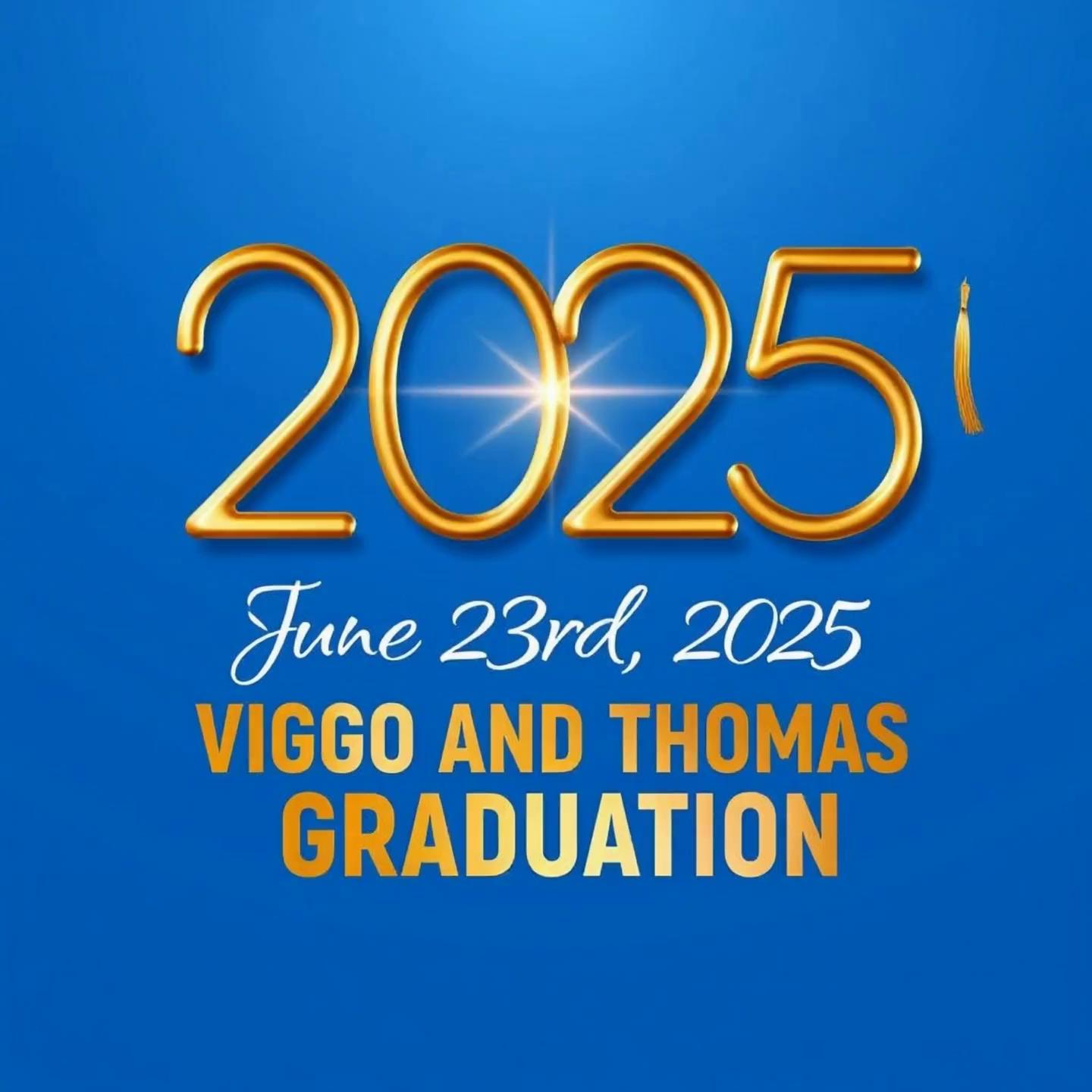 Prompt: Fireworks and Royal Blue graduation caps in the air.  in celebration of the High School Graduation of Viggo and Thomas