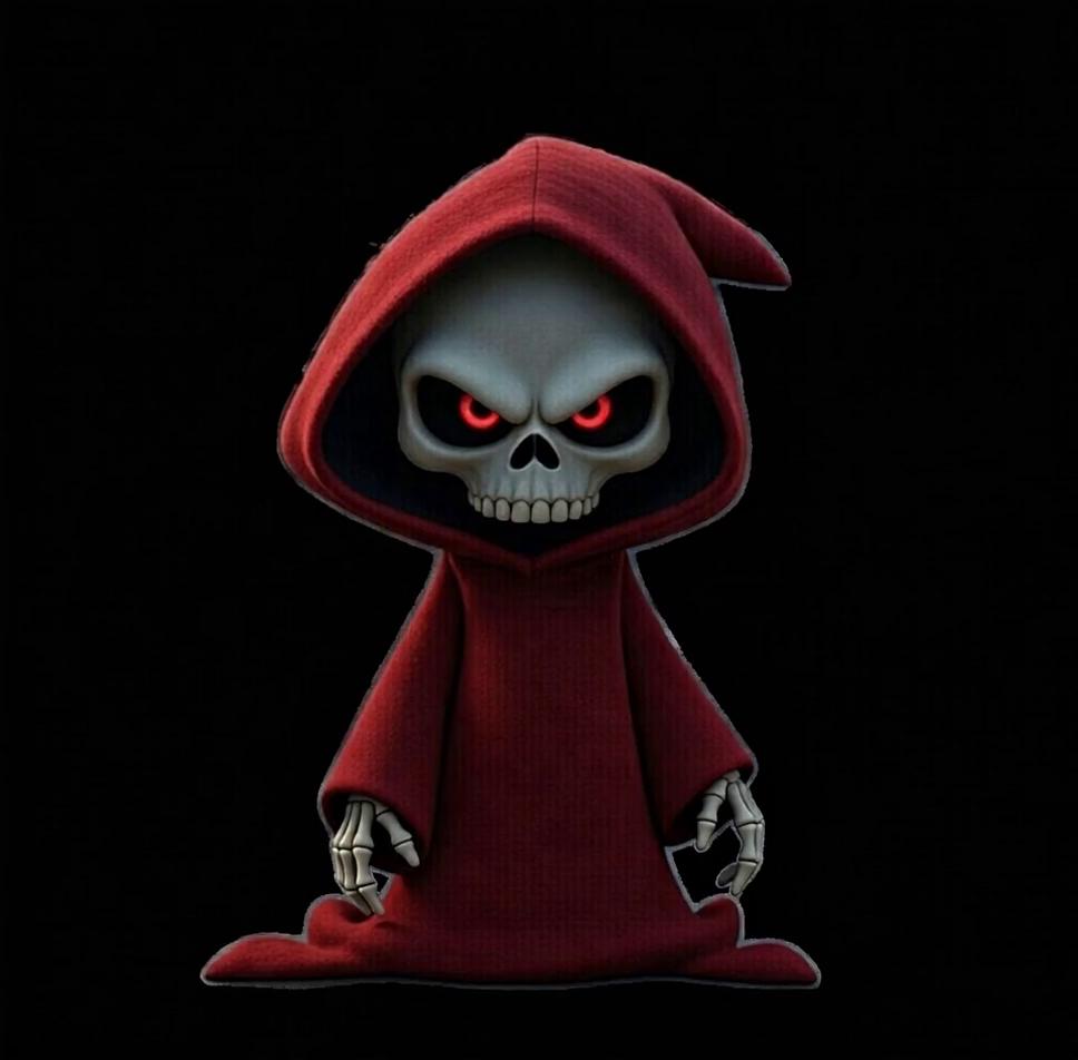 Prompt: the reaper walks into a warehouse carrying a black sack with the word "souls" written on it. He carries the bag over to a large metal bin labeled "holding" and drops it in. the warehouse is creepy. The decor of the warehouse is black with dark red accents.