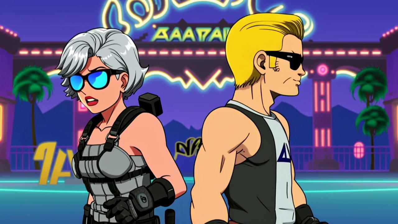 Prompt: "Cartoon-style cover art for an action-comedy novel.
A tough older woman (Jeanette) with short silver hair and glasses, wearing tactical gear, stands next to her son: a muscular, blond flat-top haired man wearing sunglasses, resembling Duke Nukem.
They are back-to-back, ready for battle, smiling slightly.
Behind them is the bright 'Welcome to Fabulous Las Vegas' sign glowing at night, with neon lights and the iconic circle TV logo in the background.
The scene is fun but gritty — action-movie vibe mixed with cartoon style.
The title at the top: 'The Knitting Circle Vol. 3: Unraveled Justice'
Small tagline below: 'Now We've Got Gum.'
Bright, bold, comic book style colors."