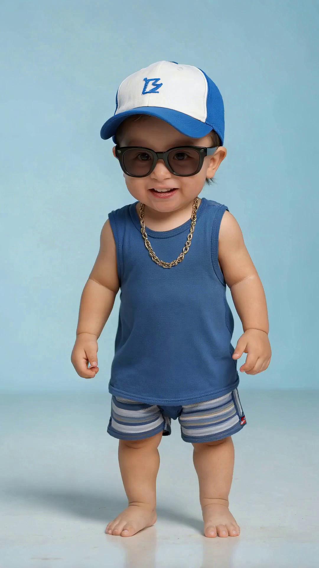Prompt: A cute, realistic, animated, baby character, standing upright, dancing energetically to upbeat hip-hop music. 
Appearance: smiling happily (no teeth), chubby cheeks, black stylish sunglasses, smooth soft skin. 
Accessories: oversized black sunglasses, tilted blue/white baseball cap, shiny gold chain necklace with natural physics swing.
Animation: rhythmic hip-hop dance with bouncy playful energy - small hops, side-to-side footwork, arm swings, shoulder bounces. Motion is smooth, exaggerated, cartoon-cute. 
Technical: 60fps, vibrant colors, shallow depth of field, soft studio lighting, cinematic camera tracking slowly left-to-right. 
Physics: gold chain and cap react naturally to movement. Clean background, joyful mood, high-detail rendering.
Duration: 10 seconds.