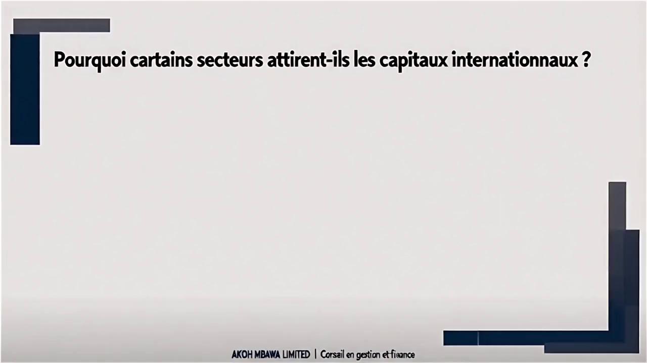 Prompt: Create a 15-second animated explainer video for a business and financial advisory firm.

Language: French
Tone: Institutionnel, professionnel, analytique.
Audience: Dirigeants d’entreprises, porteurs de projets, professionnels de la finance.

Visual Style:
– Clean animated text and simple motion graphics
– Corporate, minimalist design
– Smooth transitions (fade, slide)
– No emojis, no cartoons, no casual effects

Color Palette:
– White background
– Navy blue and dark grey accents
– High contrast for mobile readability

Music:
– Soft instrumental or none

On-Screen Text Timeline:

Scene 1 (3s):
« Pourquoi certains secteurs attirent-ils les capitaux internationaux ? »

Scene 2 (3s):
« Ce n’est pas une question de tendance… »
« …mais de structure. »

Scene 3 (4s):
« Le crédit privé est sectoriellement sélectif. »

Scene 4 (3s):
« Flux de trésorerie prévisibles »
« Risques maîtrisables »
« Actifs ou contrats solides »

Scene 5 (2s – Closing):
« Les capitaux suivent la structure. »

Footer (small text):
AKOH MBAWA LIMITED | Conseil en gestion et finance


🎙️ OPTIONAL VOICEOVER SCRIPT (15 SECONDS)

Use a neutral, professional, slow-paced voice:

« Les capitaux institutionnels ne suivent pas les tendances.

Ils se dirigent vers des secteurs structurés, avec des flux de trésorerie prévisibles, des risques maîtrisables et des fondamentaux solides.

En crédit privé international, les capitaux suivent la structure. »