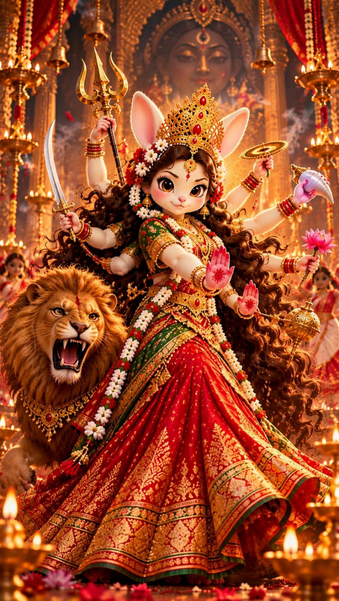 Prompt: Bunny performs a powerful, graceful Indian classical devotional dance as Maa Durga to Aigiri Nandini. Her expression gradually becomes fierce and divine, with intense focused eyes, strong eyebrows and a commanding goddess presence. She performs precise classical mudras with both hands and energetic rhythmic footwork while maintaining the exact same face, crown, long flowing hair, jewelry and costume. Her extremely long hair flows naturally behind her. Her red-and-green lehenga remains completely down, full-length and modest throughout every dance movement — it must NEVER lift, fly upward or reveal the legs. The lehenga moves only naturally at the hem. Background dancers perform synchronized devotional movements. Diyas flicker, flower petals fall gently, jewelry and garlands move naturally. Dynamic, energetic normal-speed dance, powerful expressions, smooth continuous choreography, cinematic camera movement. NO slow motion, NO floating, NO jumping, NO excessive spinning, NO lehenga lifting, NO exposed legs, NO costume change, NO face change, NO camera shake. 🔱🌺🐰