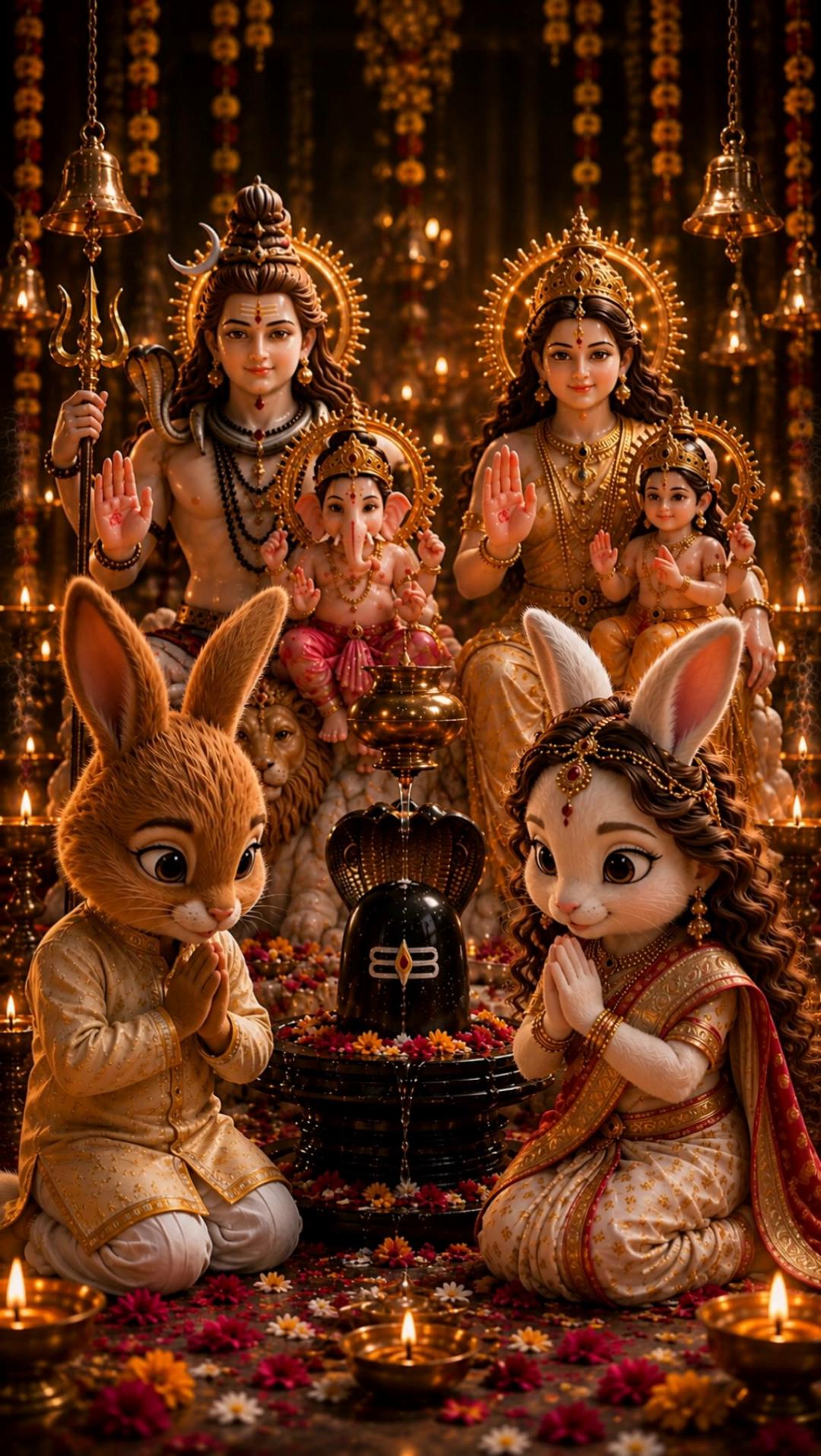 Prompt: The brass Abhishek pot above the Shiva Lingam continuously pours holy water directly onto the top of the Shiva Lingam. The water flows naturally over the Shivling from top to bottom, creating a realistic sacred Abhishek. It must never fall in front of the Shivling or miss the Lingam. Hunny and Bunny remain kneeling with folded hands, gently bowing their heads in devotion. Oil lamps flicker softly, incense smoke rises, flower petals fall gently, temple bells sway slightly, and the camera slowly pushes in with cinematic depth. Vertical 9:16, ultra-realistic, 4K, seamless motion, spiritual ambience.
