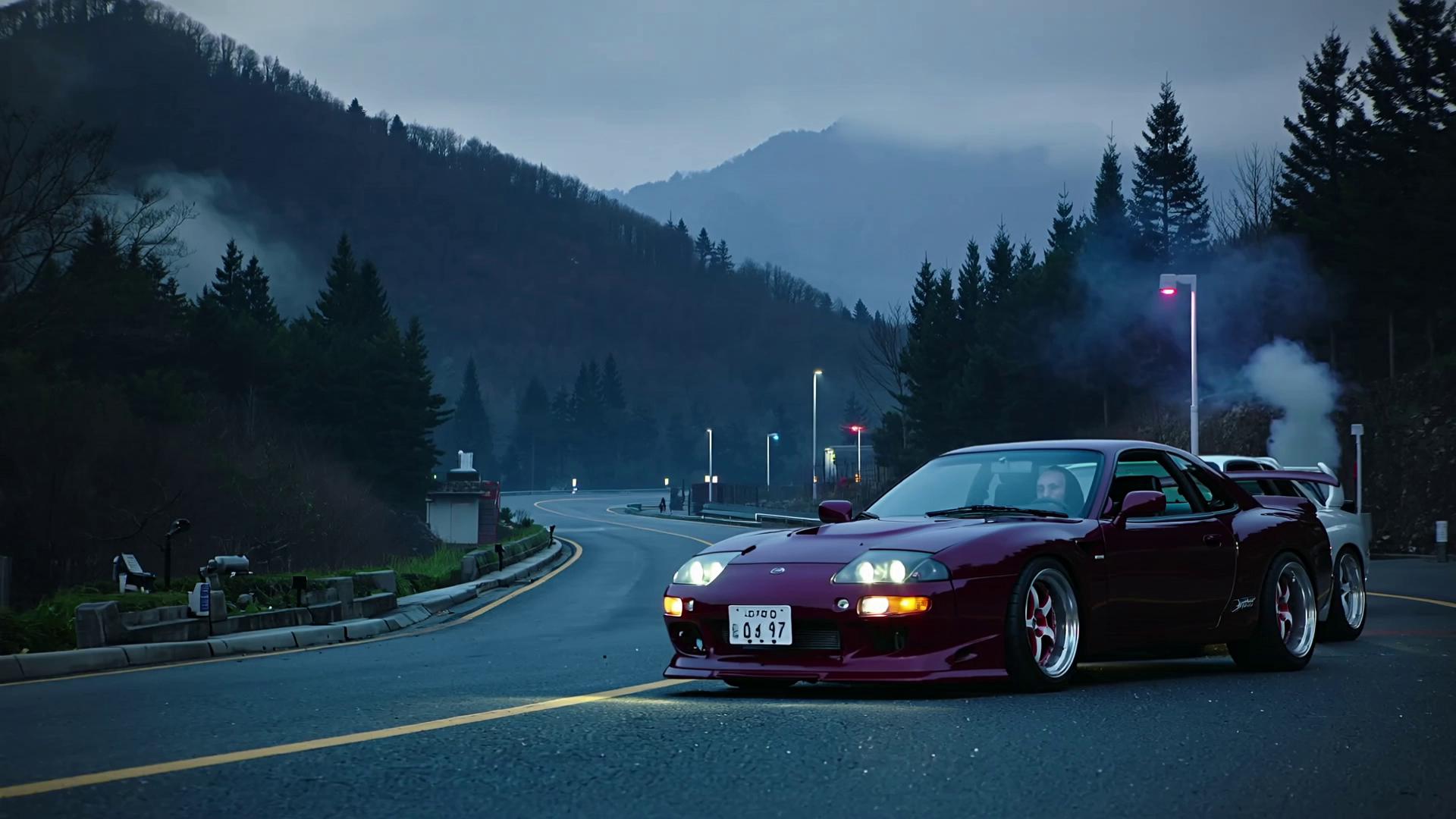 Prompt: Cinematic promo video for TougeTune JDM hoodies (black, gray, white) featuring line-art prints of Toyota Supra and Celica with Mount Fuji and “トウゲチューン.” Scene opens at night on a Japanese mountain pass — neon lights, mist, and drifting smoke. JDM drivers step out of their cars (Supra, Skyline, Celica), wearing the hoodies. Camera glides over fabric texture, prints glowing under streetlights. Smooth transitions between garage shots, car close-ups, and hoodie details. Lo-fi Japanese beat mixed with soft engine revs and wind. Tone: cinematic, authentic, stylish, inspired by underground touge culture and street racing aesthetics.