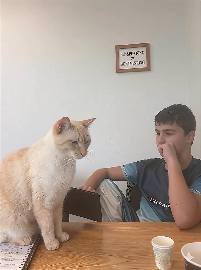 Prompt: The cat on the left-hand side is speaking to the boy and then boy is responding back to the cat