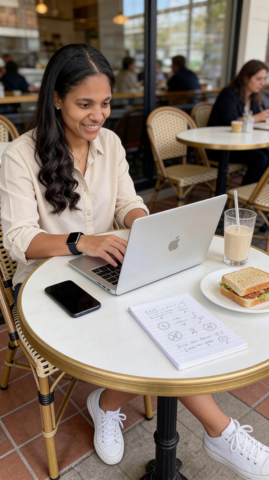Prompt: A young professional woman working at an outdoor café table during daytime, realistic café atmosphere, soft natural lighting, shallow depth of field, people blurred naturally in the background, modern lifestyle aesthetic, authentic productive work environment.She sits naturally at the café table typing on her laptop at a realistic human pace. Her typing movements are smooth and believable with natural finger rhythm, subtle wrist movement, and relaxed posture. She occasionally pauses to think briefly while looking at the screen.She smiles softly and naturally while working. Add realistic micro-movements: blinking, small eye movements, subtle breathing, tiny posture adjustments, and natural facial expressions.Midway through the shot, she reaches for the glass beside her with smooth realistic hand movement, lifts it naturally, takes a small sip through the straw, then gently places it back on the table. Afterward, she resumes typing casually on the laptop.Her hair moves slightly in the breeze. Clothing and posture remain realistic and relaxed. The phone, notebook, sandwich, and café items stay stable and natural in the scene.Camera: vertical iPhone 15 Pro style video, handheld but stabilized, smooth subtle push-in shot from slightly above table height, slight natural handheld micro-movement, crisp focus on the subject, realistic smartphone HDR, warm natural colors, soft cinematic background blur.Lighting: soft daylight with realistic café reflections and natural skin tones.Opening should be instantly scroll-stopping: immediate realistic typing movement, warm café atmosphere, productive entrepreneur energy, premium lifestyle reel aesthetic.Ultra-realistic human motion, consistent face identity, stable anatomy, realistic typing mechanics, realistic drinking motion, realistic blinking, realistic body mechanics, no warping, no morphing, no flicker, no jitter, no robotic pacing, no extra fingers, no facial distortion.
