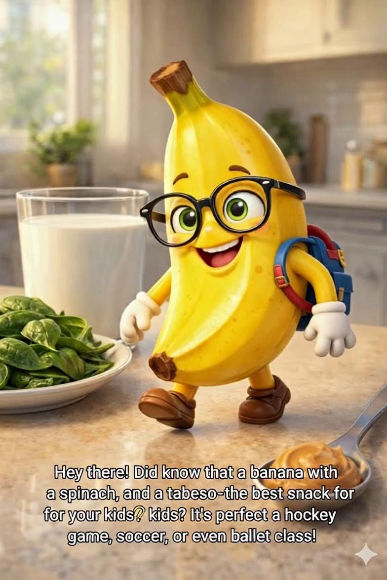 Prompt: my video will use this picture, the banana should walk in confidence and saying that 
do you need an easy yummy recipe for you and your kids?
let's go( the banana should jump in a blender with spinach, milk and peanut butter while saying"
grab a banana add spinach, add milk and a table spoon of peanut butter. that will make the best snack for you and your  kids before a hockey game, soccer or even ballet class