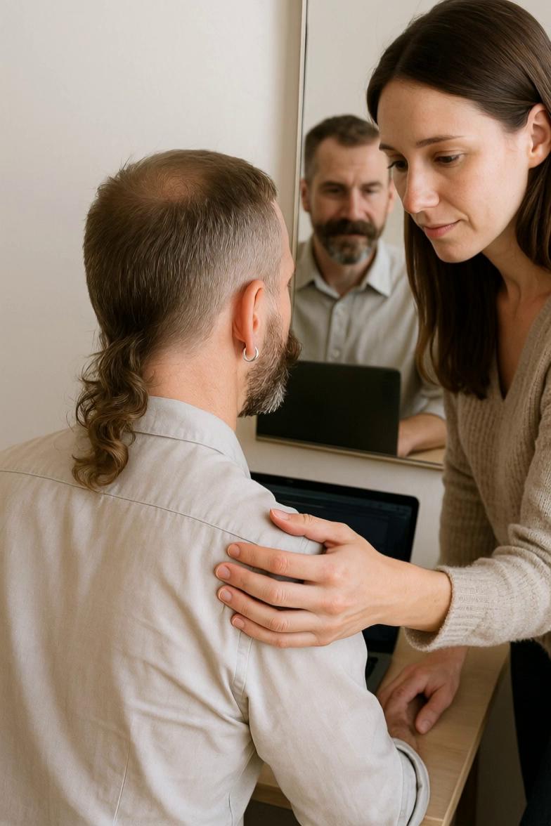 Prompt: La femme joue avec la longue mèche de mullet de son mari, avec son index elle pousse la racine de la mèche sur le côté dans le cou de l'homme,  sans la cacher: celui-ci se alors retourne sur sa droite, se lève, fait face à la femme qui se lève aussi, en souriant légèrement et la prenant dans ses bras il l'embrasse tendrement. il est alors vu de profil, ils sont debouts. l'homme se retourne ensuite face au miroir, se rassied et secoue la tête, faisant bouger la mèche dans son dos. la femme pose sa main sur son dos, juste sous la mèche.
