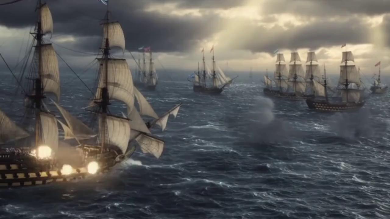 Prompt: A hyper-realistic cinematic recreation of the Battle of Trafalgar, October 21, 1805. Massive wooden sailing warships from the British Royal Navy and the combined French and Spanish fleets clash on a stormy Atlantic Ocean. Towering ships of the line with detailed rigging, billowing canvas sails, and weathered wooden hulls maneuver through thick cannon smoke. Powerful broadsides fire in slow succession, cannons recoiling as iron shot tears through enemy ships, splintering wood and shredding sails. Sailors in early 19th-century naval uniforms scramble across decks, loading cannons, shouting orders, and hauling ropes. The sea churns violently, waves crashing against hulls, sunlight breaking through dark clouds, illuminating drifting smoke and flying debris. Camera moves dynamically between wide aerial shots of the fleet and close-up deck-level combat, cinematic lighting, realistic physics, historically accurate ships, uniforms, and naval tactics, ultra-detailed, photorealistic, dramatic war atmosphere, epic historical realism.
Narrate this part "Britain has ‘ruled the waves’ for many years, but now faces the combined forces of France and her ally, Spain. Nevertheless, when the British fleet catches sight of their enemy off Cape Trafalgar, its commander, Admiral Nelson, will not hesitate to engage."