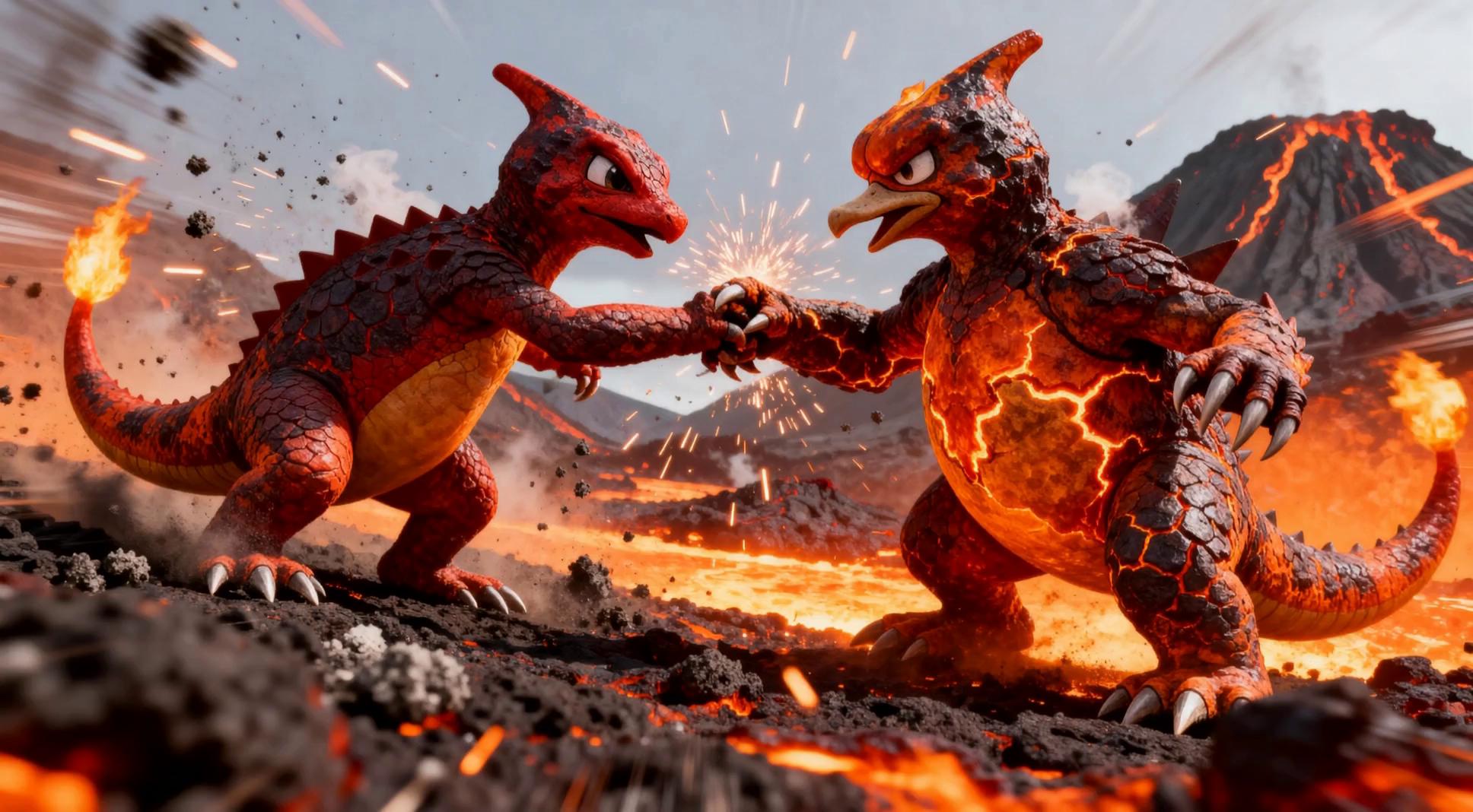 Prompt: Charmeleon and Magmar clashing in a powerful close combat strike, sparks and debris flying from their impact, camera shaking slightly with force, heat waves and glowing embers around them, both roaring with determination, volcanic eruption lighting the background, cinematic slow motion effect emphasizing their strength, ultra realistic wildlife documentary battle style