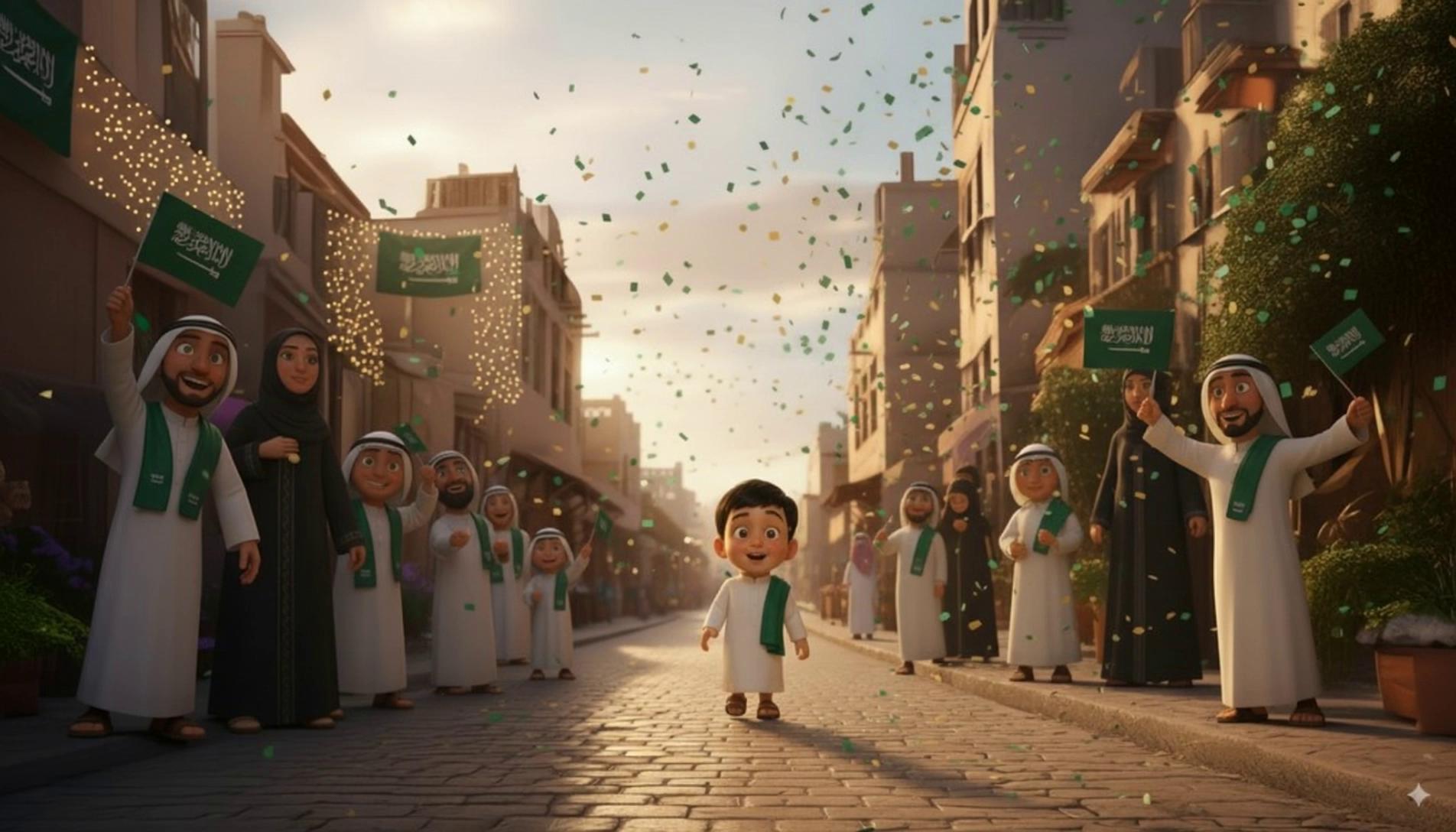 Prompt: A cinematic Pixar-style 3D render of a cute young Saudi boy in a white thobe, walking with wide-eyed surprise and joy, smiling as he looks at celebrating people around him. 
Background: Saudi families waving flags, cheering with happiness, confetti in emerald green and golden colors floating in the air. 
Lighting: warm golden hour glow, soft volumetric fog, cinematic depth of field. 
Style: ultra-detailed Pixar cinematic 3D, expressive character design, vibrant festive atmosphere.
