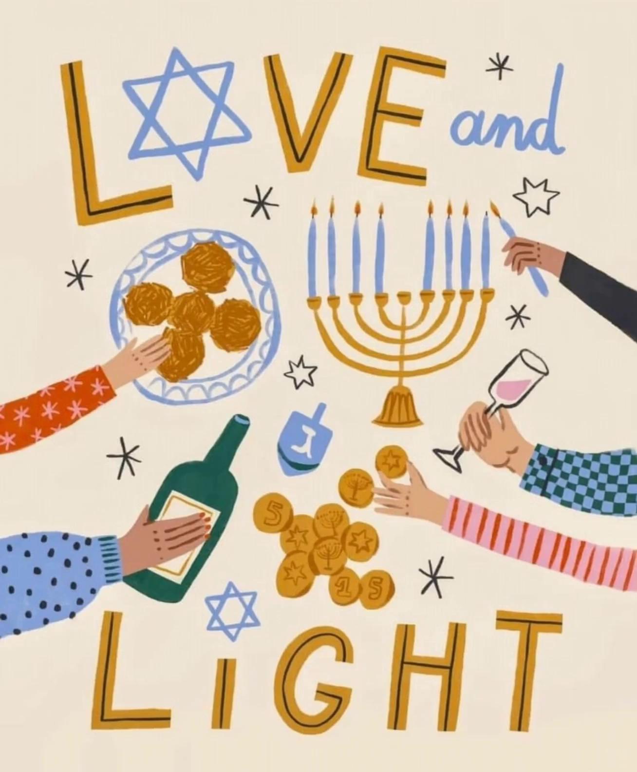 Prompt: The video opens on a warm illustrated scene with a cream background and hand-drawn lettering that reads “LOVE and LIGHT.” The camera remains steady and centered as all illustrated elements begin a soft, synchronized back-and-forth motion, gently swaying as if floating. Illustrated hands, a plate of latkes, a wine bottle and glass, a blue dreidel, and scattered gold chocolate coins subtly rock in place while maintaining their positions. The menorah’s candles are lit, and their flames visibly flicker, softly dancing and changing shape as they glow. Small Stars of David and decorative star accents drift with the same slow, rhythmic motion, creating a unified sense of calm movement across the entire illustration. The motion remains continuous and minimal, evoking warmth and quiet celebration. The video ends holding on the full composition as the elements continue to sway and the candle flames gently flicker.