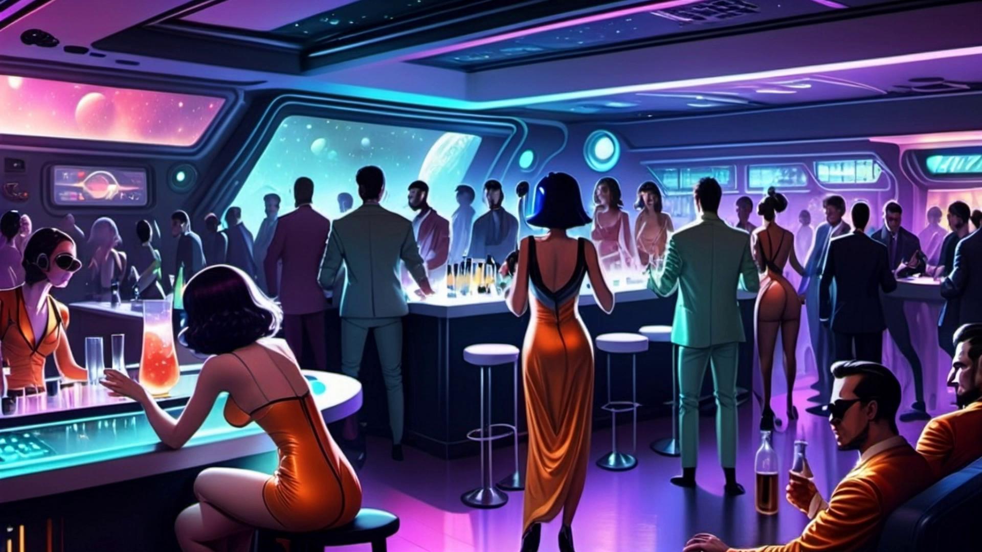 Prompt: The people are all moving while some sit and have conversations and others move around to the foreground dancing