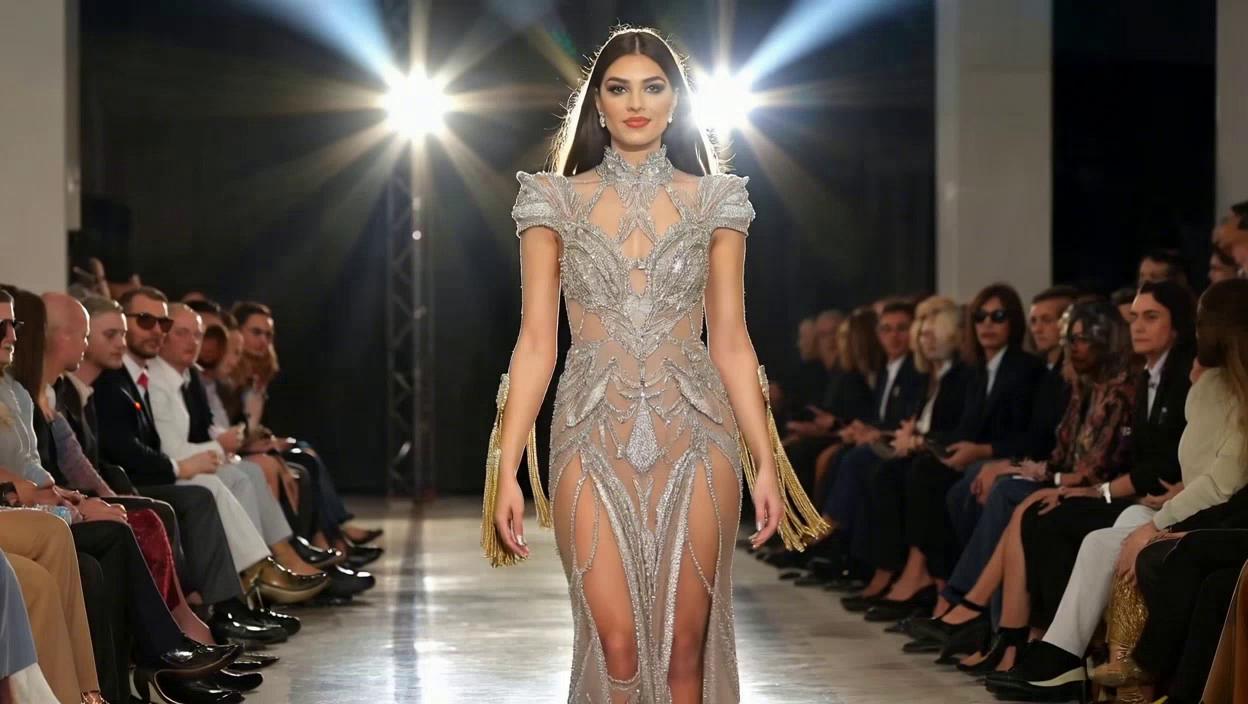 Prompt: A glamorous fashion show runway scene. @Nyla is confidently walking down the catwalk in a stylish haute-couture outfit, bright spotlights and camera flashes in the background, an elegant crowd watching. Smooth cinematic camera movement, dramatic lighting, 4k ultra-realistic details, slow-motion effect.