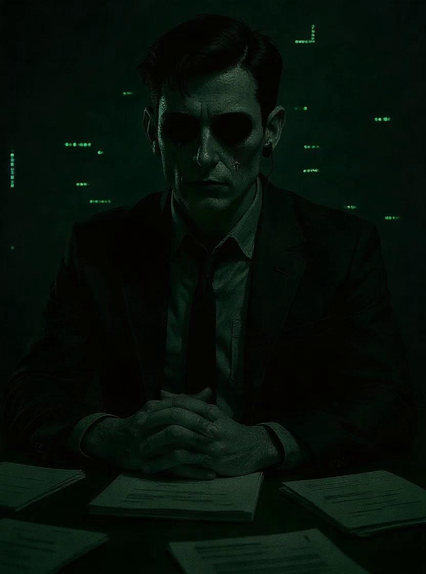 Prompt: The agent sits still at the desk, slowly leaning slightly forward as if speaking to the viewer. His head tilts downward a little, shoulders shift with weariness, and his hands press together more firmly as he talks. Subtle, deliberate movements, calm and heavy.