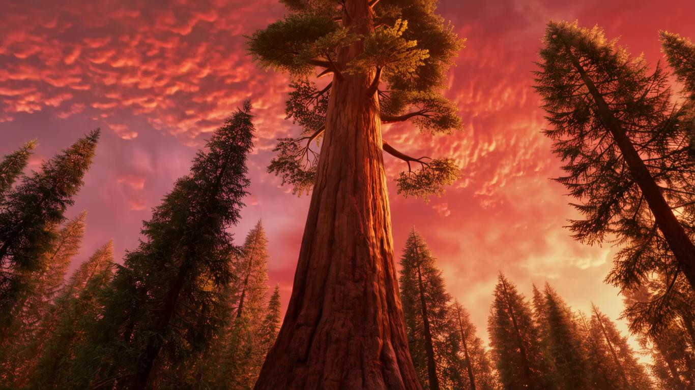 Prompt: "A giant sequoia tree towering into the sky, shot from a dramatic low-angle perspective, surrounded by other tall trees, under a fiery sunset sky filled with glowing red and orange textured clouds, ultra-detailed, cinematic lighting, majestic and surreal atmosphere, hyper-realistic photography, 8K resolution."