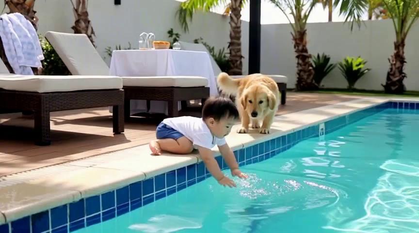 Prompt: Close up of a toddler trying to touch water in swimming pool. Close-up of a golden retriever puppy’s ears perking up, who runs towards a toddler near a sparkling turquoise pool and grabs the toddler's shirt from the back in his mouth, lifts the toddler gently with the teeth holding the shirt of toddler on the back. Low-angle tracking shot follows the puppy sprinting across tiles, gently gripping the child’s overalls with its teeth. Tilt-down shows the puppy dragging a polka-dot towel over the giggling toddler. Wide shot captures them snuggling on a shaded patio chair as paws adjust the towel. Splashing water, frantic panting transitions to contented sighs, with a bright "All safe now!" voiceover. Sunlight dapples the concrete where the pup’s tail thumps rhythmically, pool floats bobbing behind a "KEEP BACK" fence sign under swaying palms.