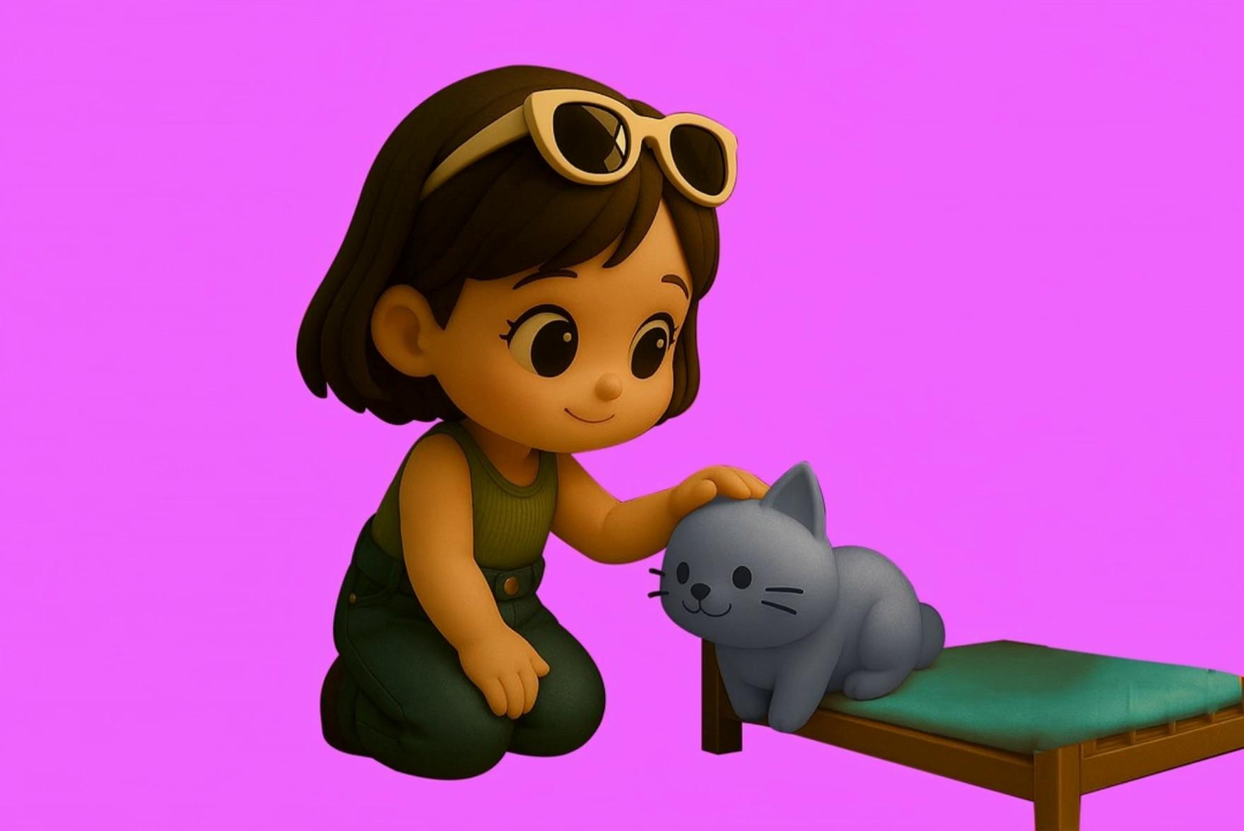 Prompt: A young girl from @Girly 2 gently lifts a fluffy cat from a cozy bed, her face radiating warmth and affection. She cradles the cat close, wrapping her arms around it in a tender hug. The atmosphere is serene and loving, capturing a moment of connection between the girl and her feline friend.