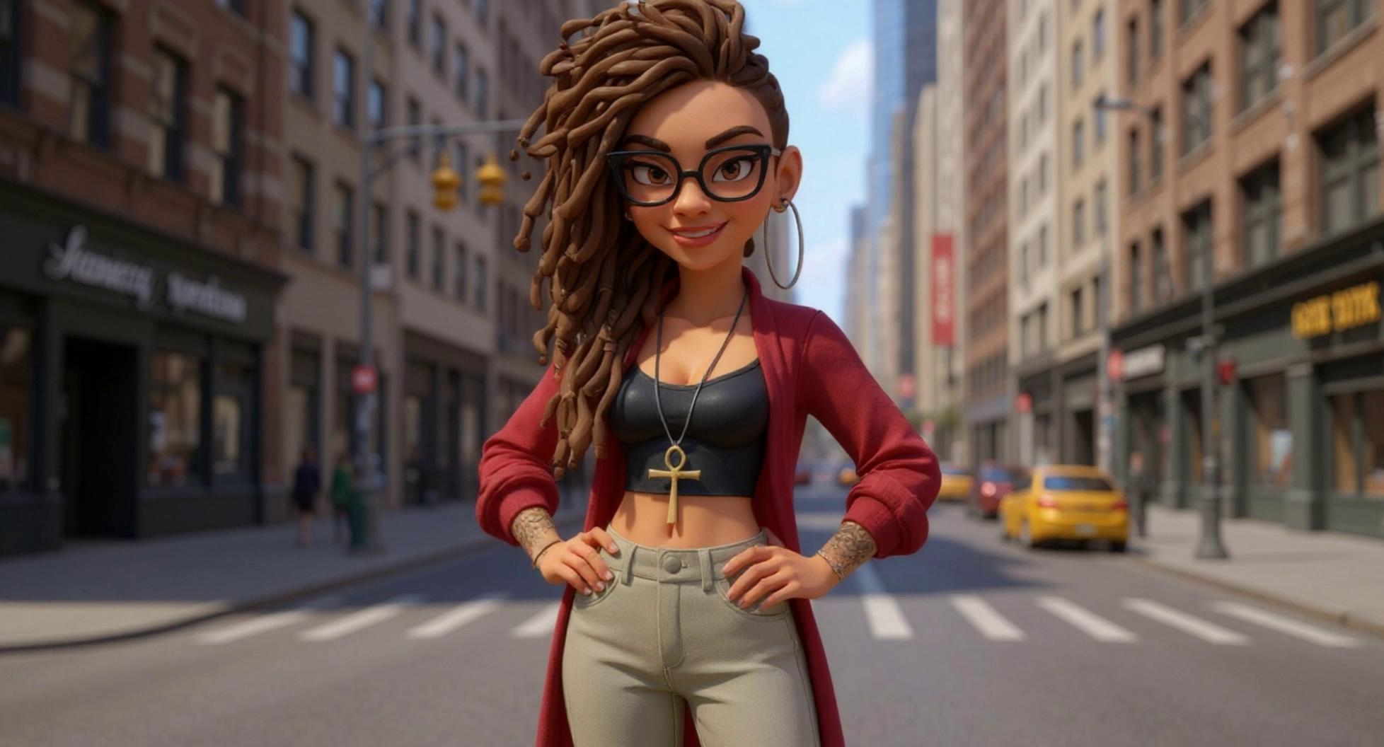 Prompt: Tracking shot of a 3D Pixar style, black woman. She is walking slowly and naturally. looking into the camera while smiling. Talking naturally with a warm, confident expression while making hand gestures. Cinematic style, smooth and natural body movement.
