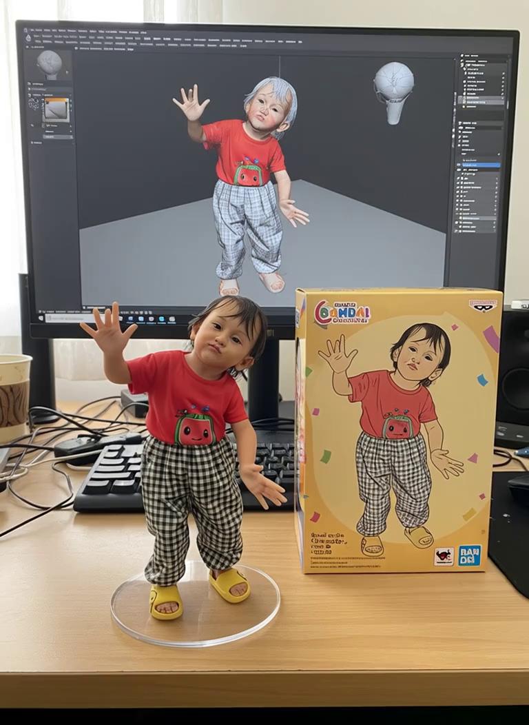 Prompt: Nure two hand gently pick up the figure on the frame and rotate it slightly for inpection.the model in the packaging box remain stationary,while all other background elements stay unchanged.
