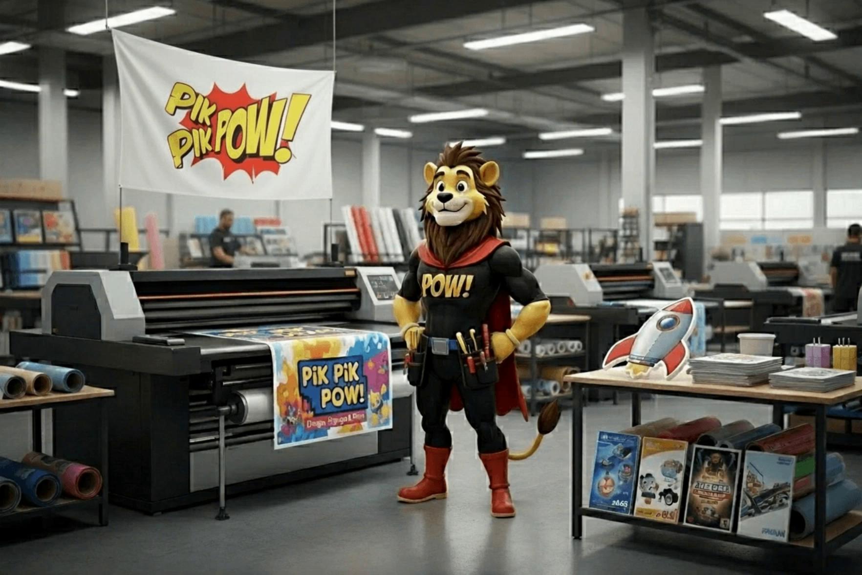 Prompt: [Scene opens]POW Lion walks confidently through a busy print and signage studio.Large-format printers running, vinyl rolls, signs being made in the background.POW Lion (walking, talking to camera):“Welcome to Pik Pik POW! We design, print, and build bold signs, graphics, and branding that make your business impossible to ignore.”[Scene end]POW Lion stops, smiles, POW Lion:“Pik Pik POW! Plyful, powerful and pow!
