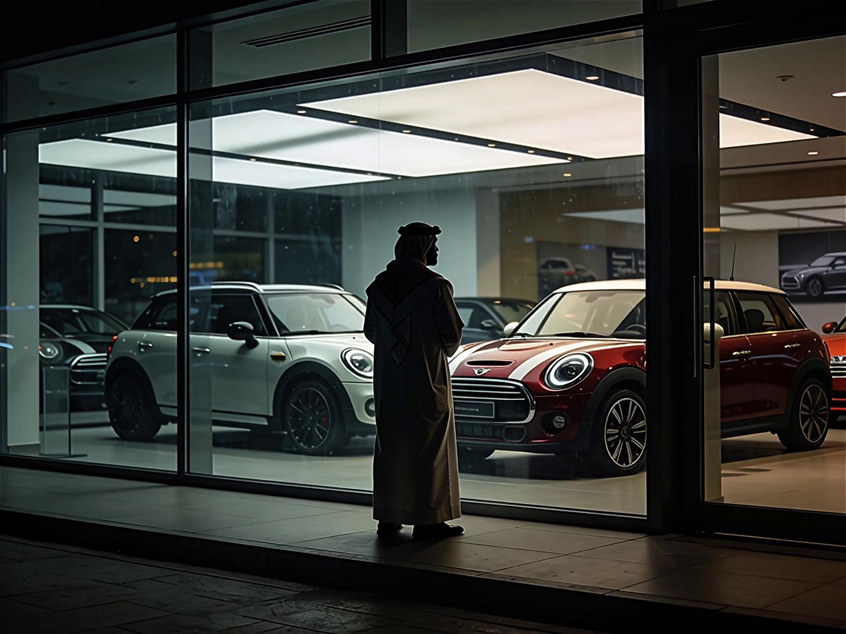 Prompt: "Cinematic video shot from outside a Mini Cooper showroom at night, looking through the glass. A man wearing a traditional Arabic thoub stands inside, admiring the parked new Mini Cooper cars. His silhouette is visible, framed by reflections on the glass and subtle showroom lighting. Dramatic, moody lighting with cinematic shadows. Focus on the man’s posture and the cars behind the glass. Include subtle motion: gentle camera pan or zoom, reflections shifting slightly, and realistic lighting changes for a high-quality cinematic feel."
