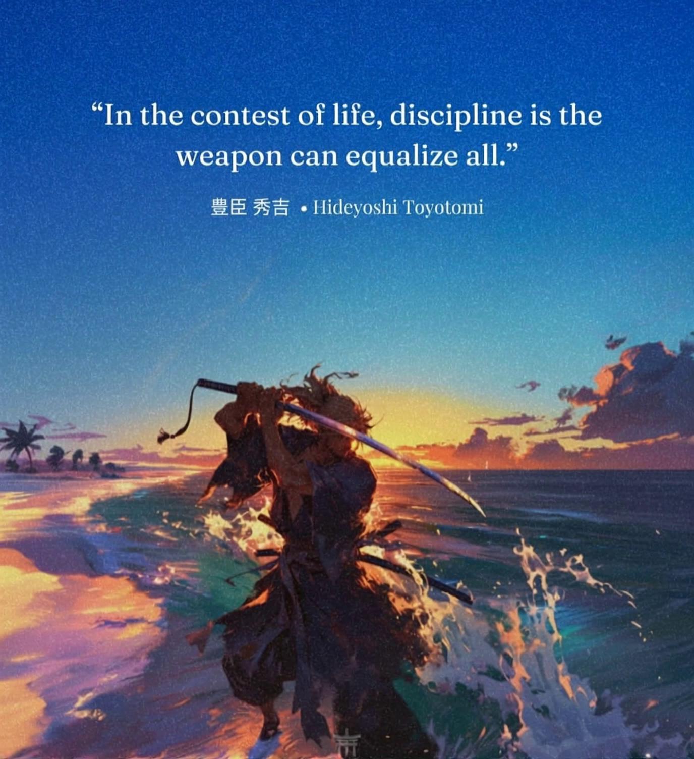 Prompt: Samurai swings his sword in practice as the the ocean waves pass gently through his feet.  There is a calming breeze and the clouds move slowly across the sky.