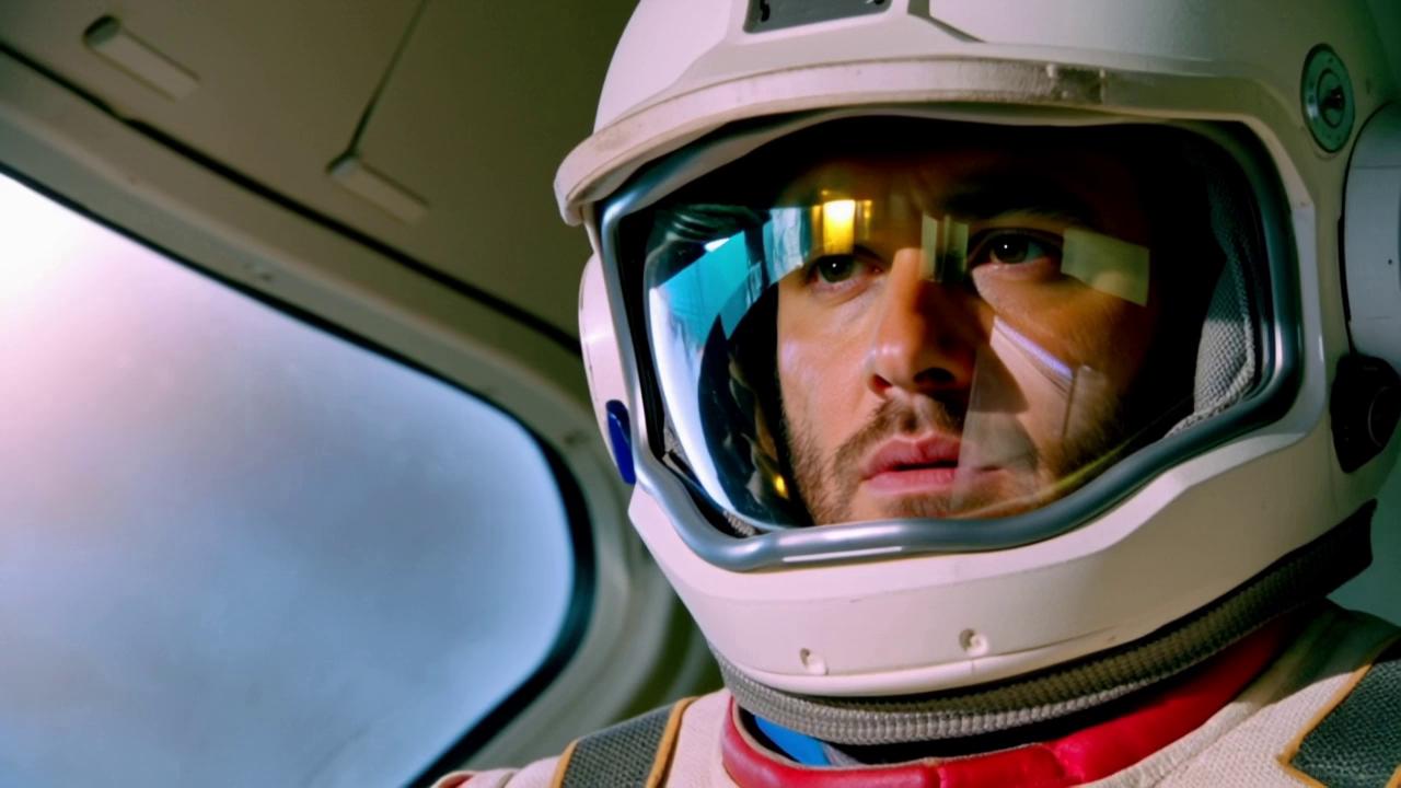 Prompt: an astronaut wearing a space suit walks out of his ship into a dry empty desert planet, the ground is yellow orange and the sky is a sickly blue it is hot and bright and dusty the camera starts zoomed on his disappointed face and pulls back to reveal the scene