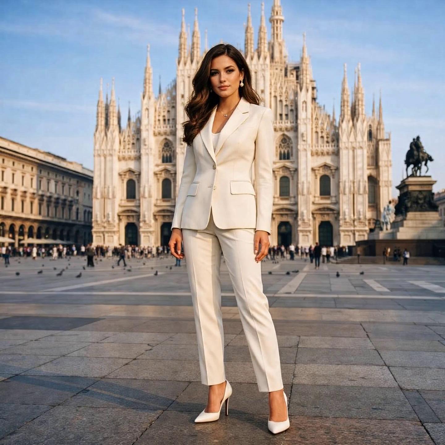 Prompt: Prompt: Oriana Castillo walks elegantly in Piazza del Duomo, Milan. She is walking towards the camera with a confident and graceful pace. She wears a cream-colored Dior-style suit that moves naturally with her steps. She looks at the camera with a warm, sophisticated smile and tucks a lock of her wavy chestnut hair behind her ear. In the background, the Duomo cathedral is visible under a soft morning sun. High-end fashion cinematography, 4k, hyper-realistic skin textures, natural lighting, 60fps.