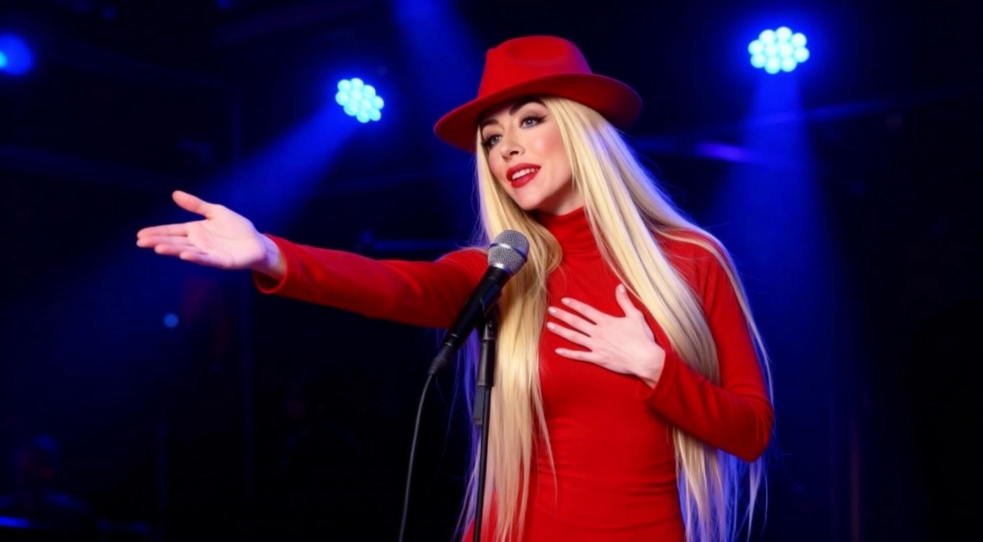 Prompt: <sevdalinka-blonde> is on the stage. And <thaskin> is there, among the audience. ><sevdalinka-blonde> calls <thaskin> and tells him to come near her, with a lover look in her eyes. <thaskin> comes with red roses in his hands and gives them to <sevdalinka-blonde> and the couple looks at each other with love. The lights fade while she smiles flirty with the red roses in her hands.  A romantic scene...