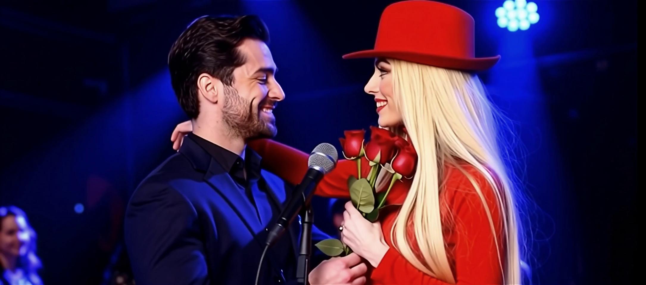 Prompt: <sevdalinka-blonde> and <thaskin> are  making valse (dancing) as if they're on their wedding ceremony. Romantic mood. Lights focuse on the couple. She's wearing a dress, which icompletely covers her body and neck. The dress like a turtleneck wedding dress with tulle, He's very handsome in his suit. They look  each other flirty but shyly as well. 