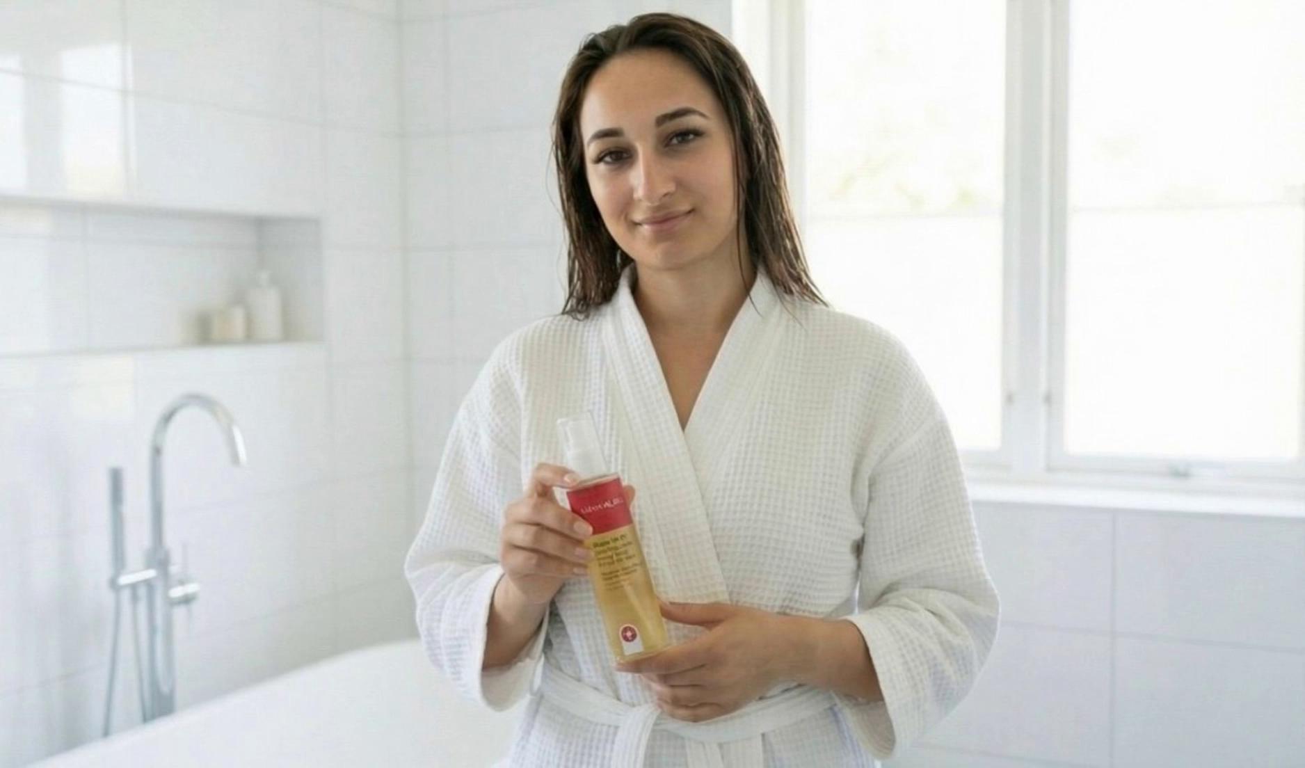 Prompt: same woman from reference image, close-up framing, same facial expression, same hair and lighting, preserve exact identity and productshe brings her arm closer and softly smells it, subtle satisfied smile, then looks at camera and holds the product slightly forward, label clearly visibleslow natural motion, minimal movement, shallow depth of field, cinematic lighting, ultra realistic, beauty ad style, 85mm lens, f/2, 24fps