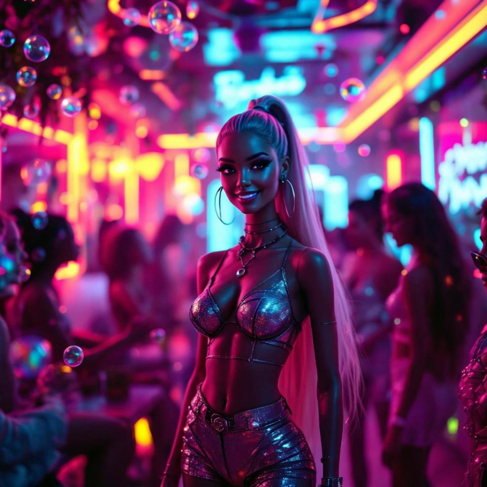 Prompt: An infrared image of cyberpunk Barbie having a Cyberpunk party with her cyberpunk friends at the Cyberpunk Barbie Dream House, fish-eye lens, Bokeh
