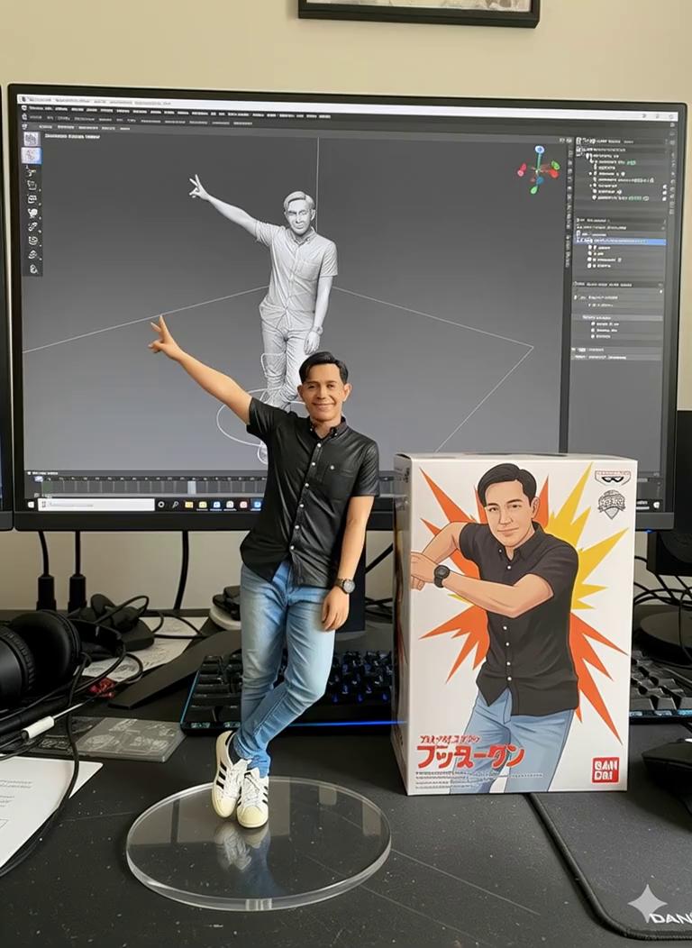 Prompt: Nure two hand gently pick up the figure on the frame and rotate it slightly for inpection.the model in the packaging box remain stationary,while all other background elements stay unchanged.