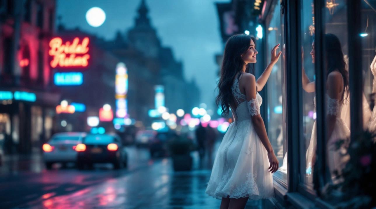 Prompt: a girl looks dreamily at a shop window and then spins with happiness, cars drive past on the street and it rains heavily, the camera slowly moves away