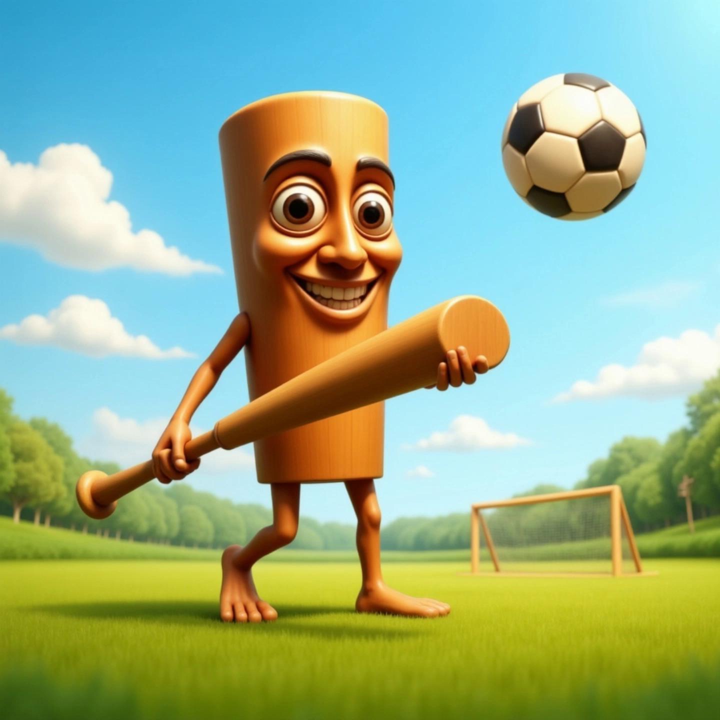 Prompt: tung tun sahur tira el balon y mete gol con curva 