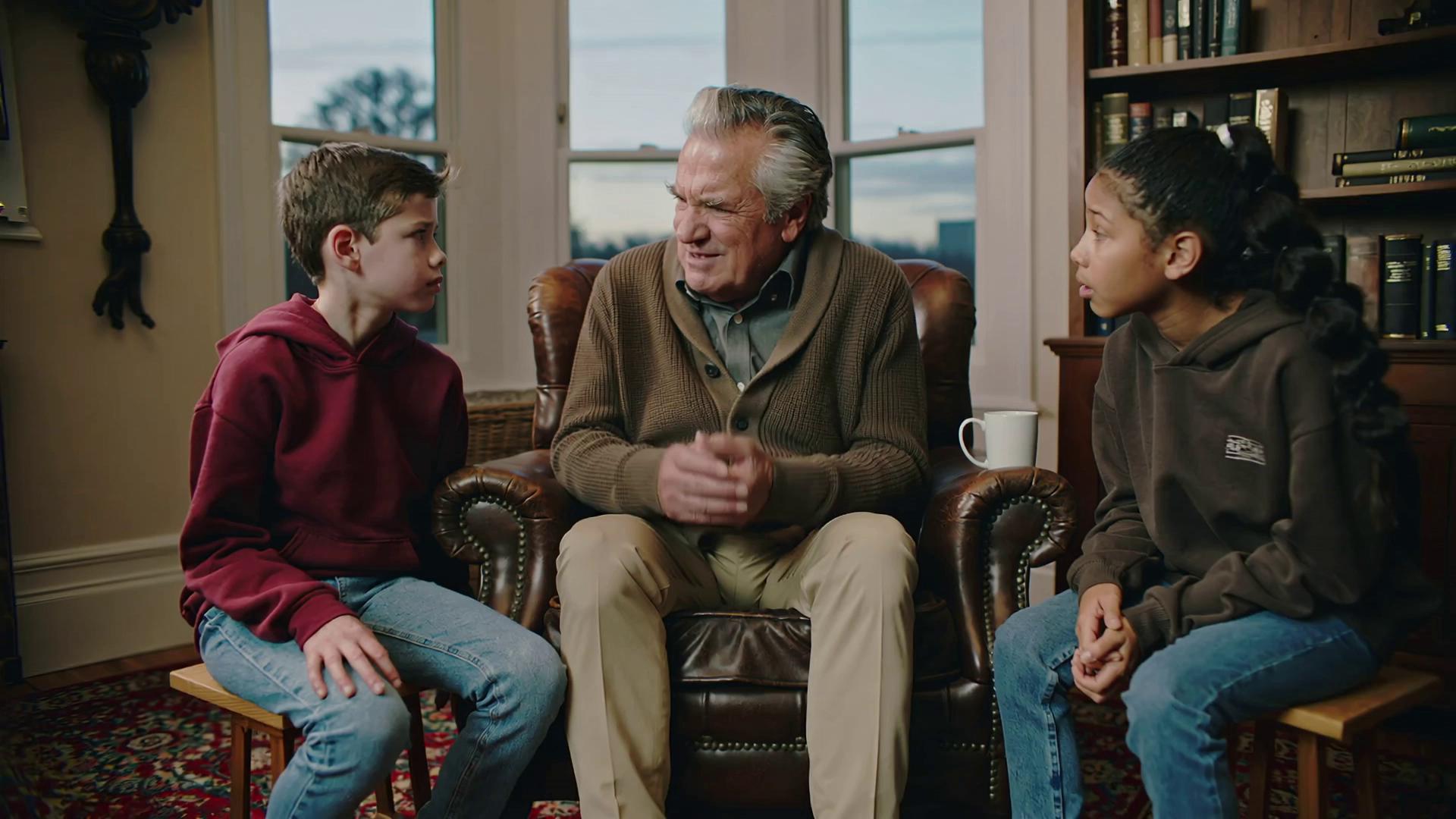 Prompt: Stary dziadek opowiada dziwne żarty nastolatką z dźwiękiem i głosem dziadka 