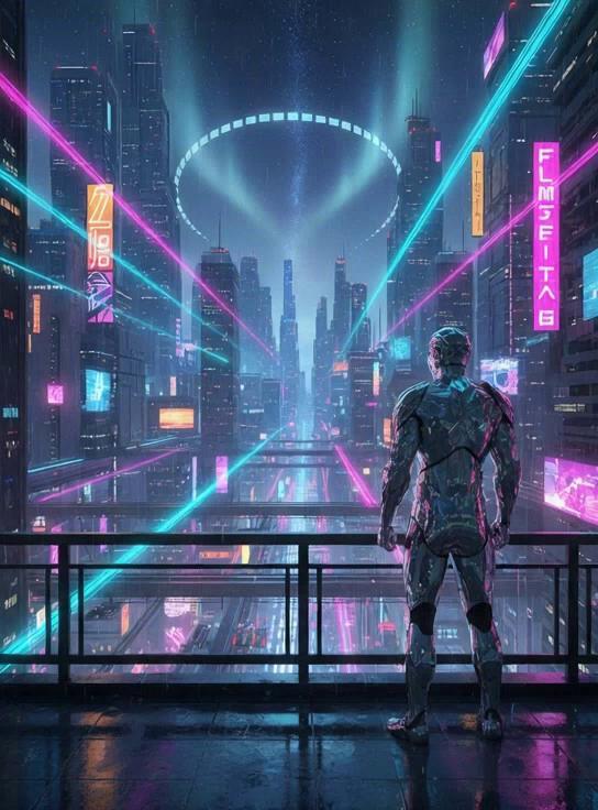 Prompt: A lone figure in gleaming reflective armor stands at the edge of a neon-lit terrace, their silhouette glowing against the restless energy of a cybernetic city. In the middle distance, streams of flying vehicles weave between towers of glass and steel, their trails painting the night with ribbons of cyan and magenta. Far beyond, the skyline dissolves into a cosmic horizon, where stars shimmer against a faint aurora that bends across the sky like a digital halo. The scene pulses with color — vibrant, electric, alive — as neon light dances across rain-slicked surfaces and holographic billboards flicker with futuristic promises. It is a vision poised between dream and reality, charged with a moody, cinematic brilliance that feels both infinite and intimate.