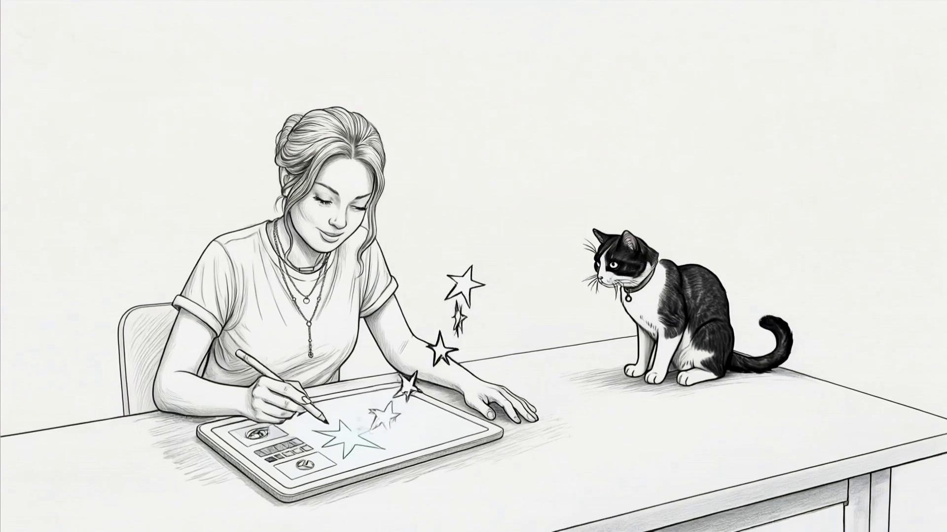 Prompt: take this image and turn into animated video with the style of pen and ink. she draws and stars, and the universe come out of her pen. the cat tries to catch the stars. the cat is black and white (use markings from reference. the whole animation is black and white.
