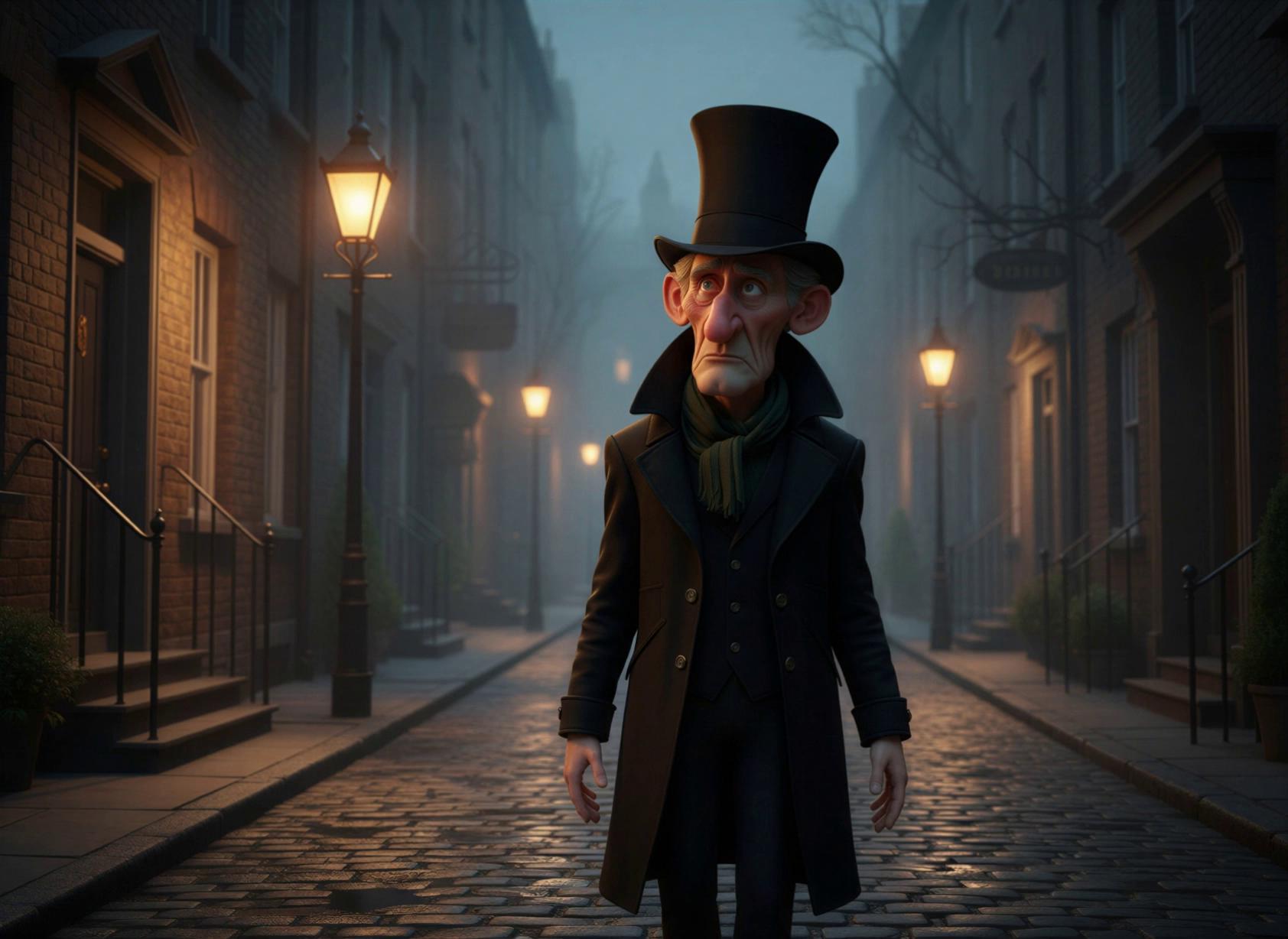 Prompt: walks alone under gas lamp light Victorian London street at night Pixar 3D animation style. Warm cinematic lighting. Simple focused action. Slow gentle camera movement. Clear emotional focus. Victorian London setting.